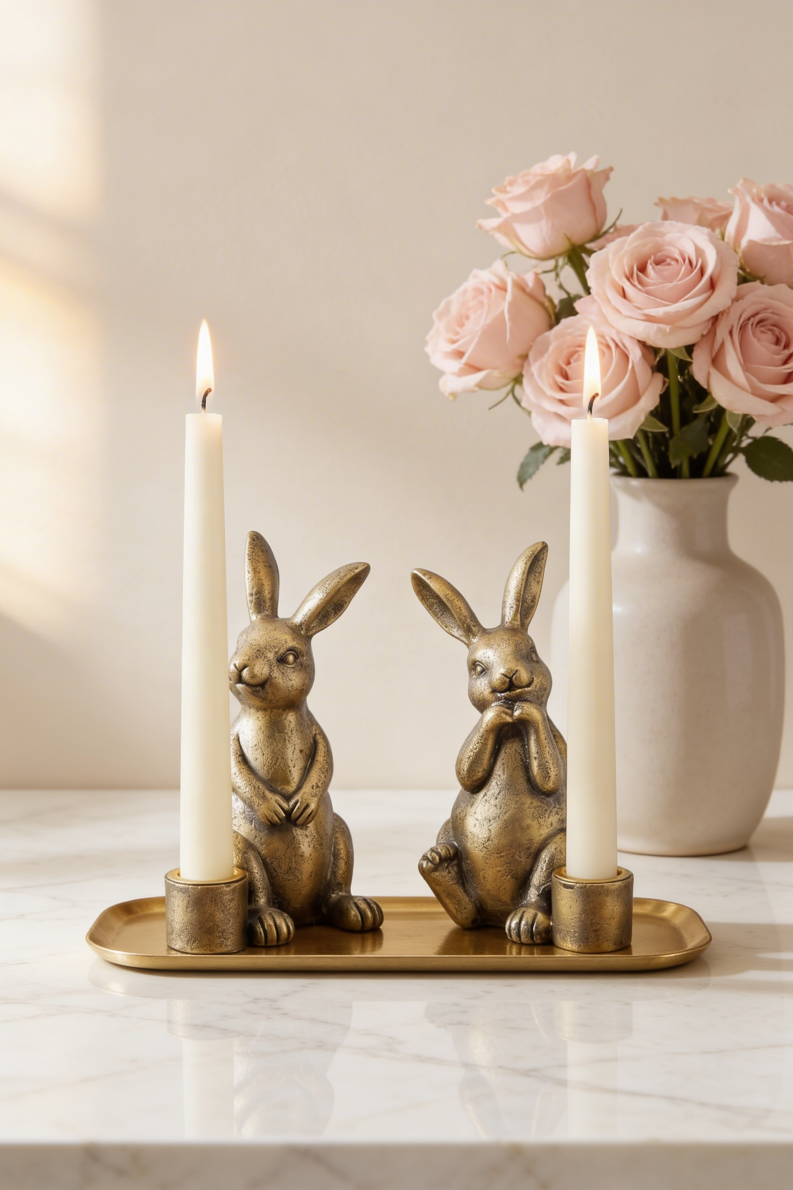 Antique gold rabbit candlestick holders with tall cream tapers on a marble mantelpiece with a round gold mirror and terracotta vase