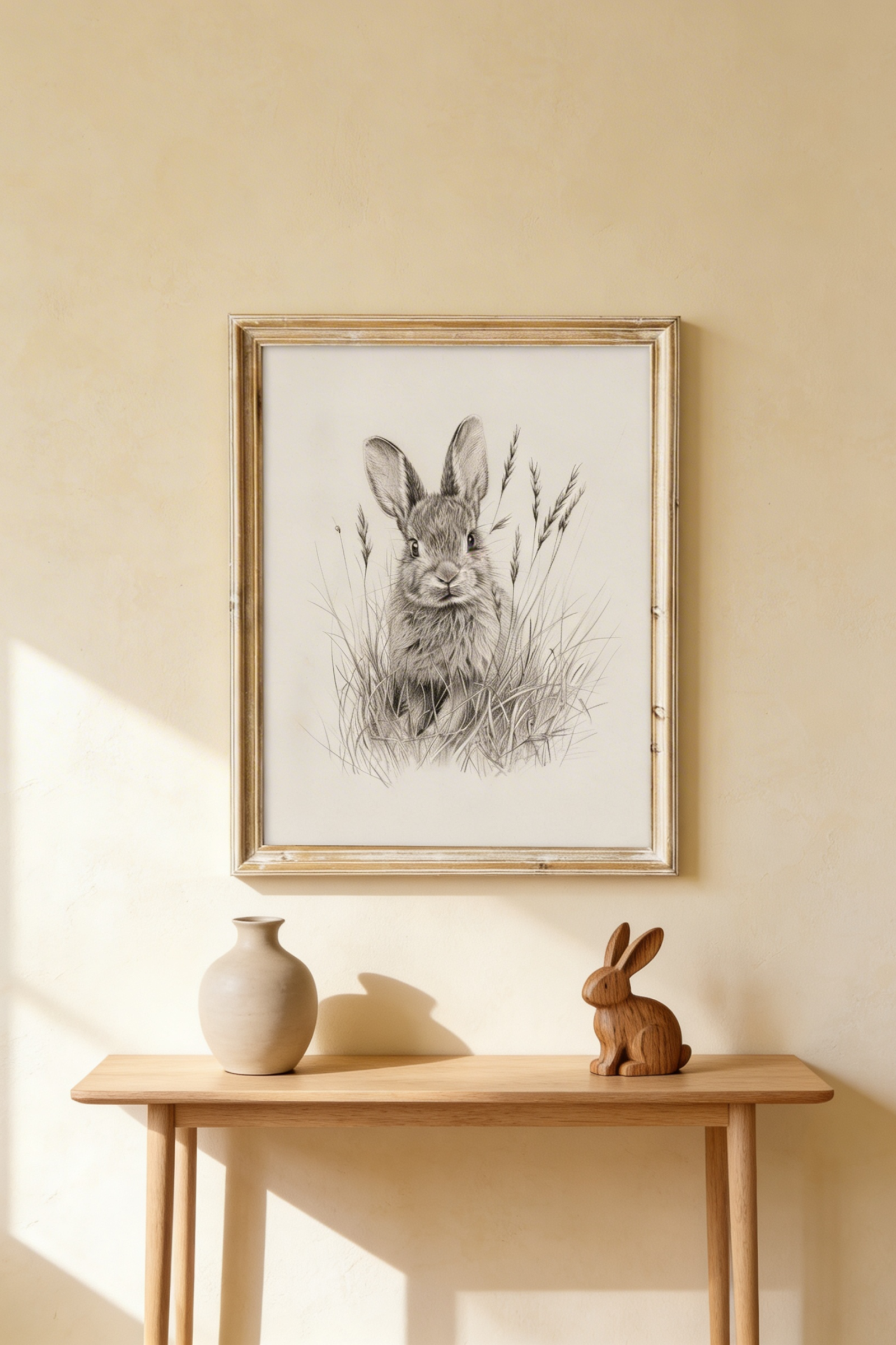 Framed pencil sketch rabbit art in a natural wood frame above a marble fireplace with a cream ceramic vase and wooden bunny