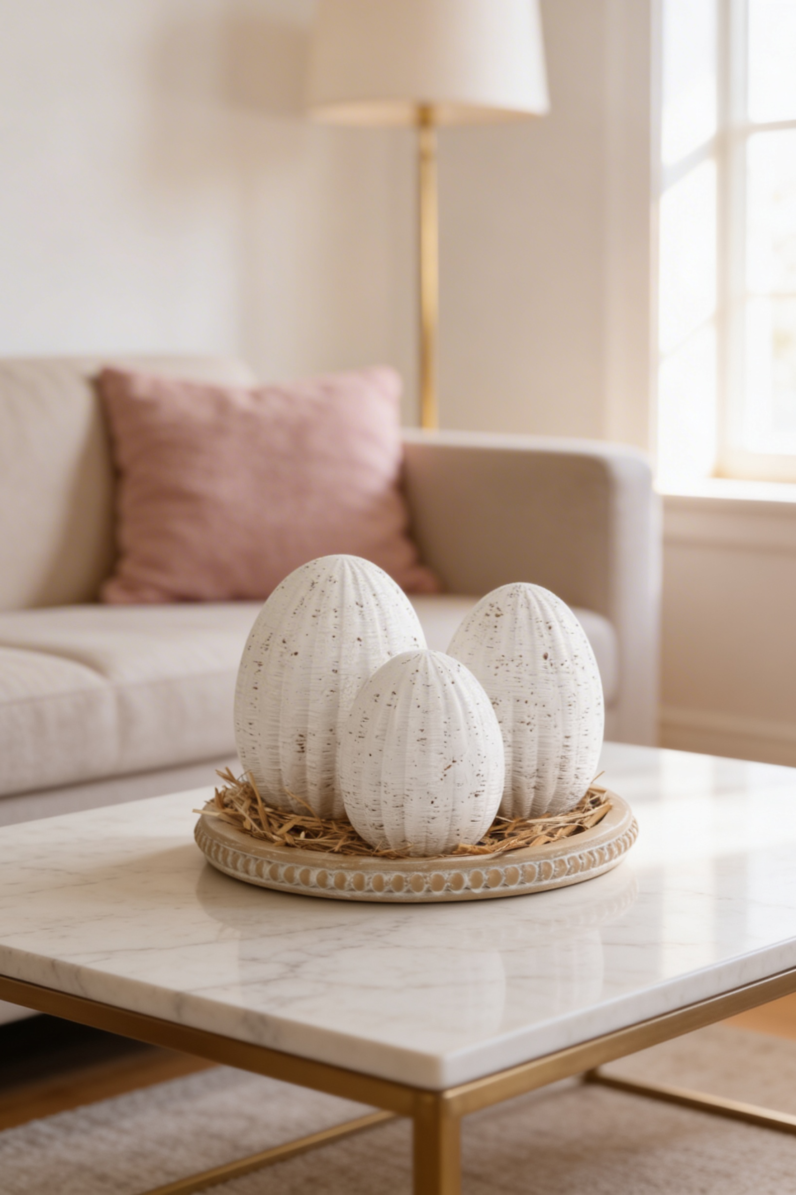 Set of three ribbed speckled ceramic Easter eggs nestled in dried straw on a carved wood tray on a marble coffee table