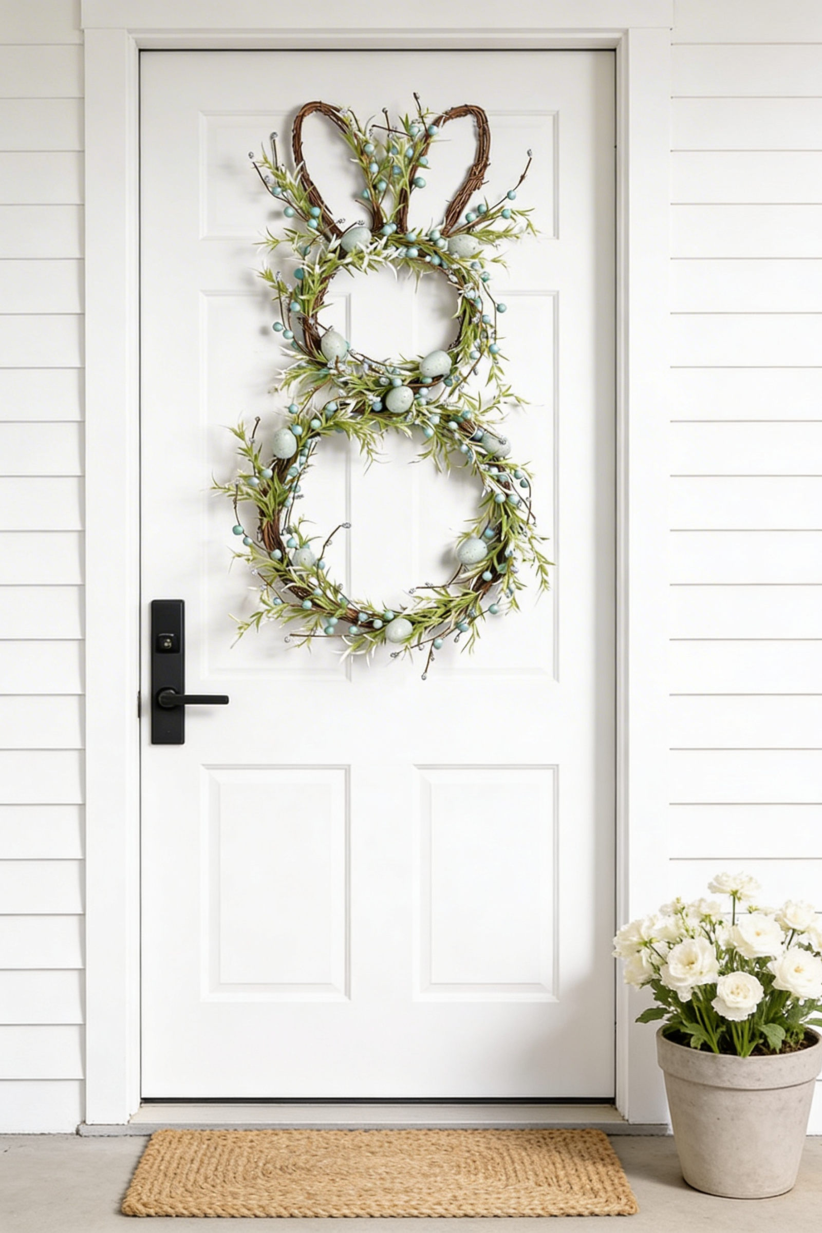 Bunny-shaped grapevine wreath with green foliage and blue Easter eggs hanging on a white front door