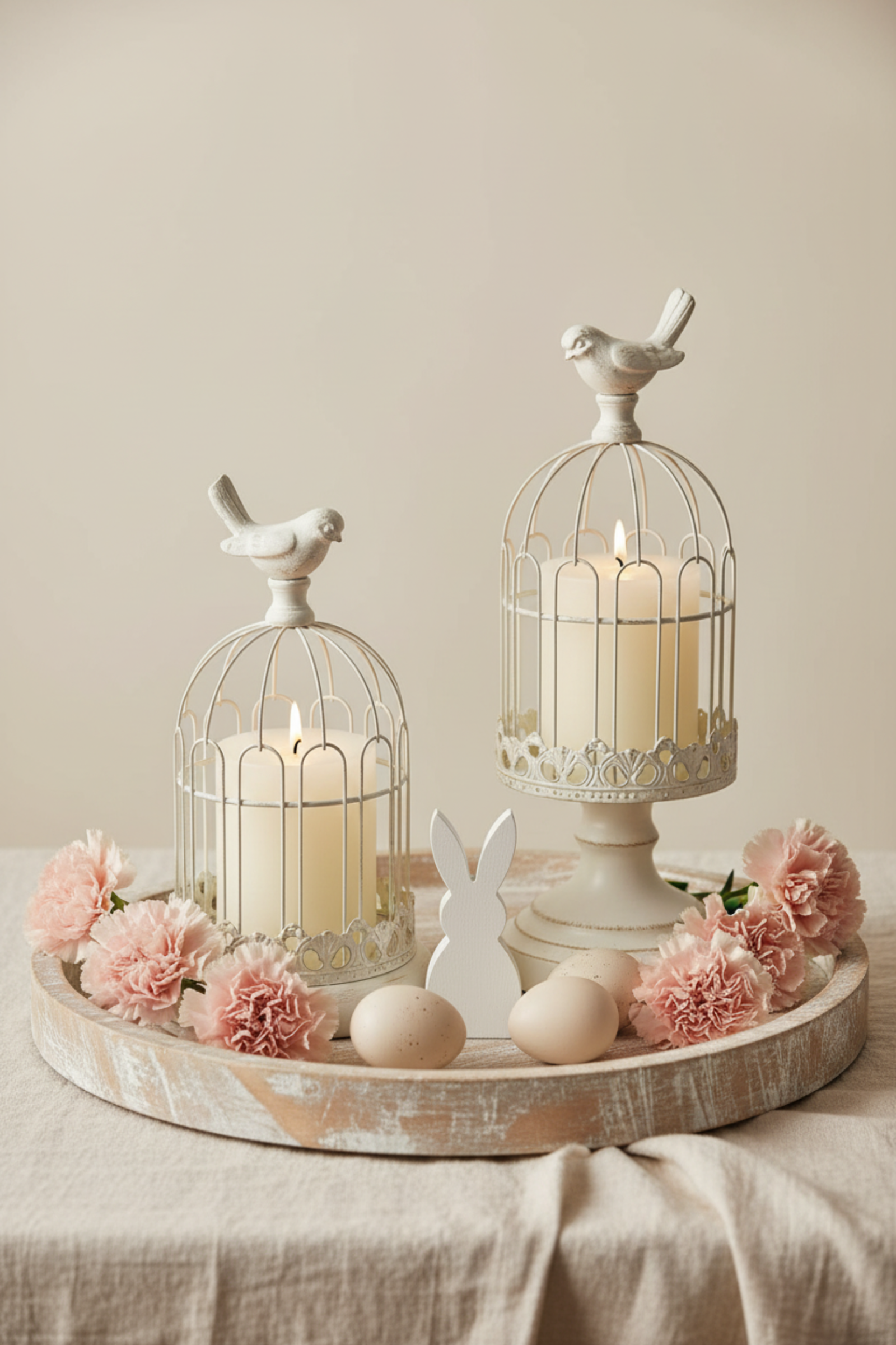 Minimalist Easter centerpiece with white birdcage candle holders, blush carnations and eggs on a rustic wood tray