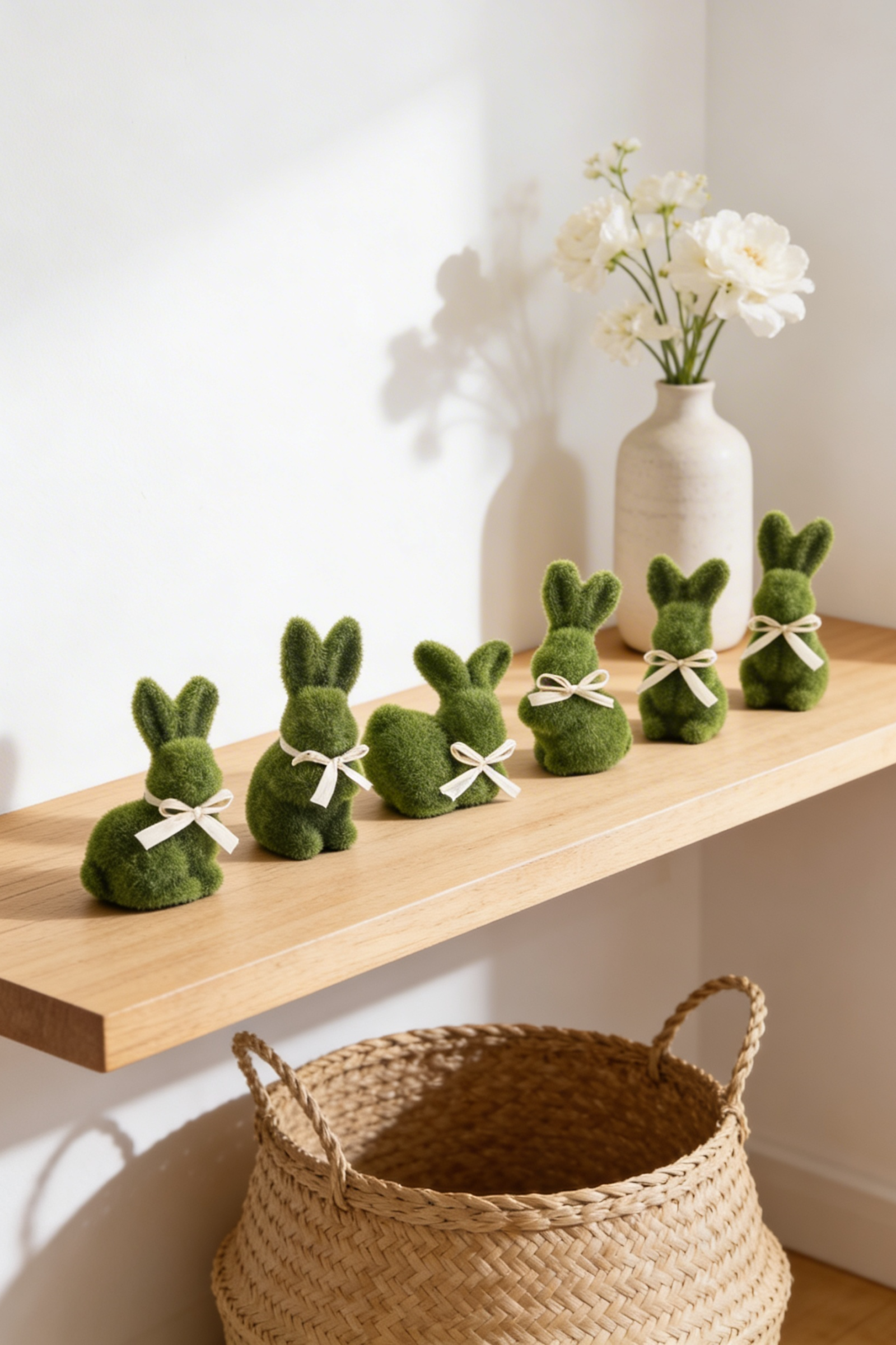 Six moss flocked bunny figurines with cream ribbon bows arranged on a natural wood shelf with a white ceramic vase and wicker basket below