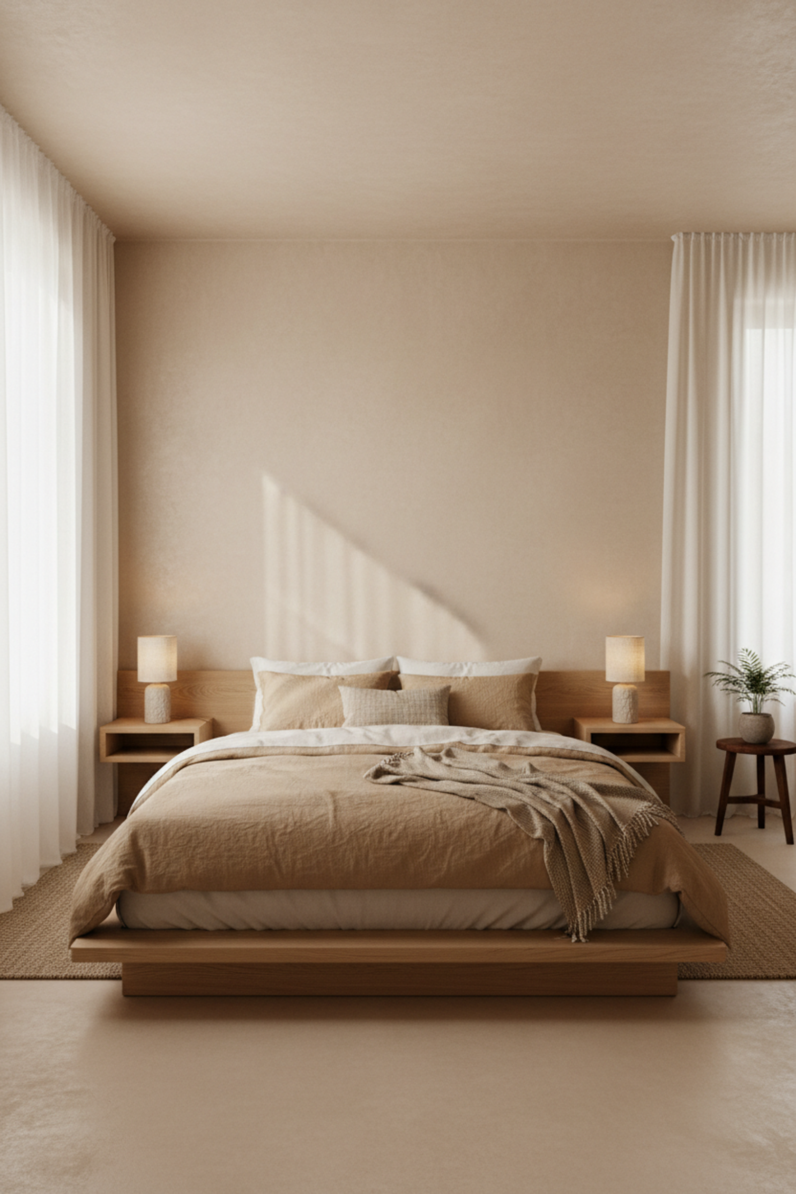 Low-profile platform bed in small master bedroom creating vertical breathing room