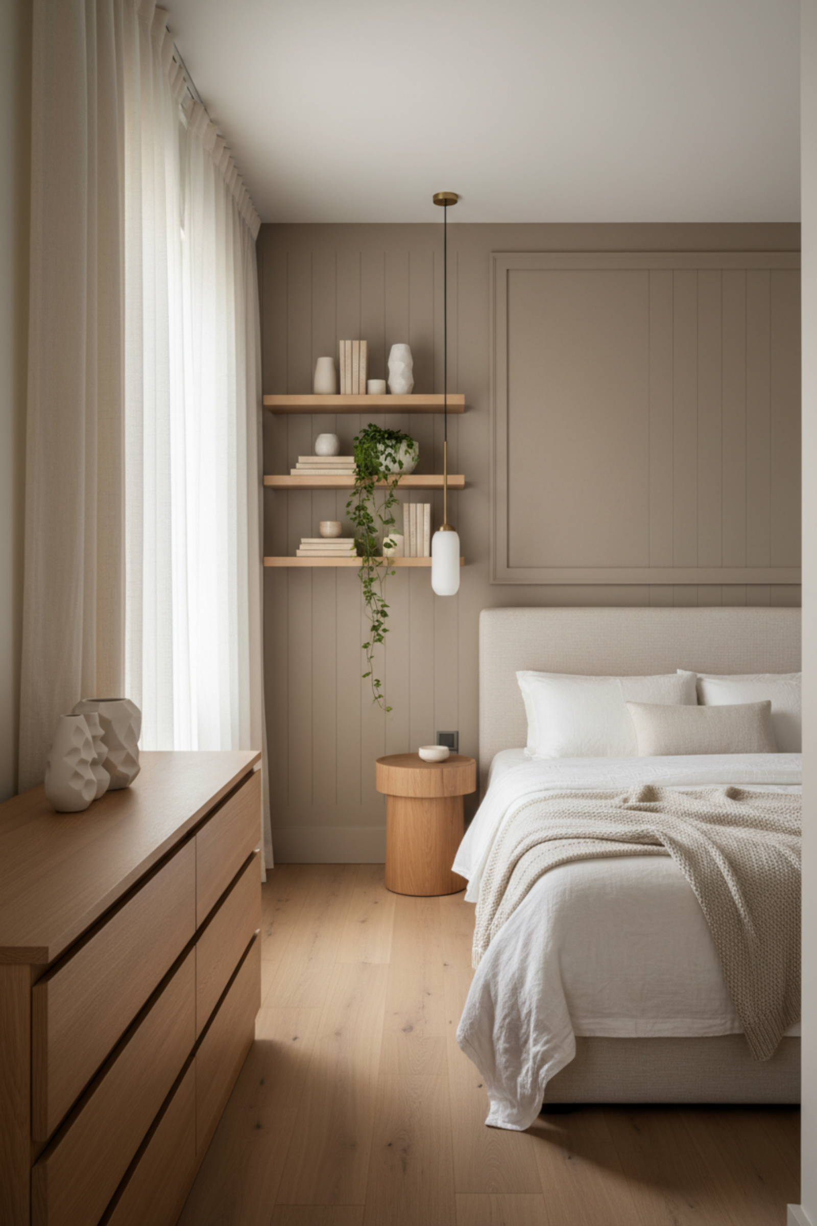 Floor-to-ceiling curtains and vertical storage in small master bedroom