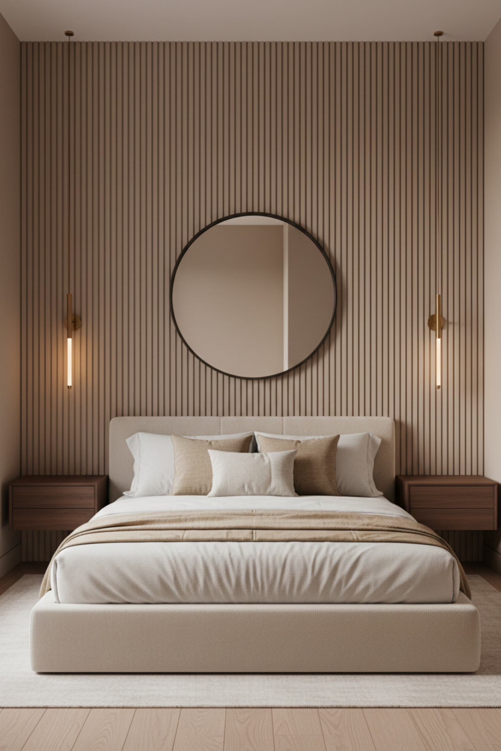 Peel-and-stick wall paneling creating architectural depth in rental bedroom