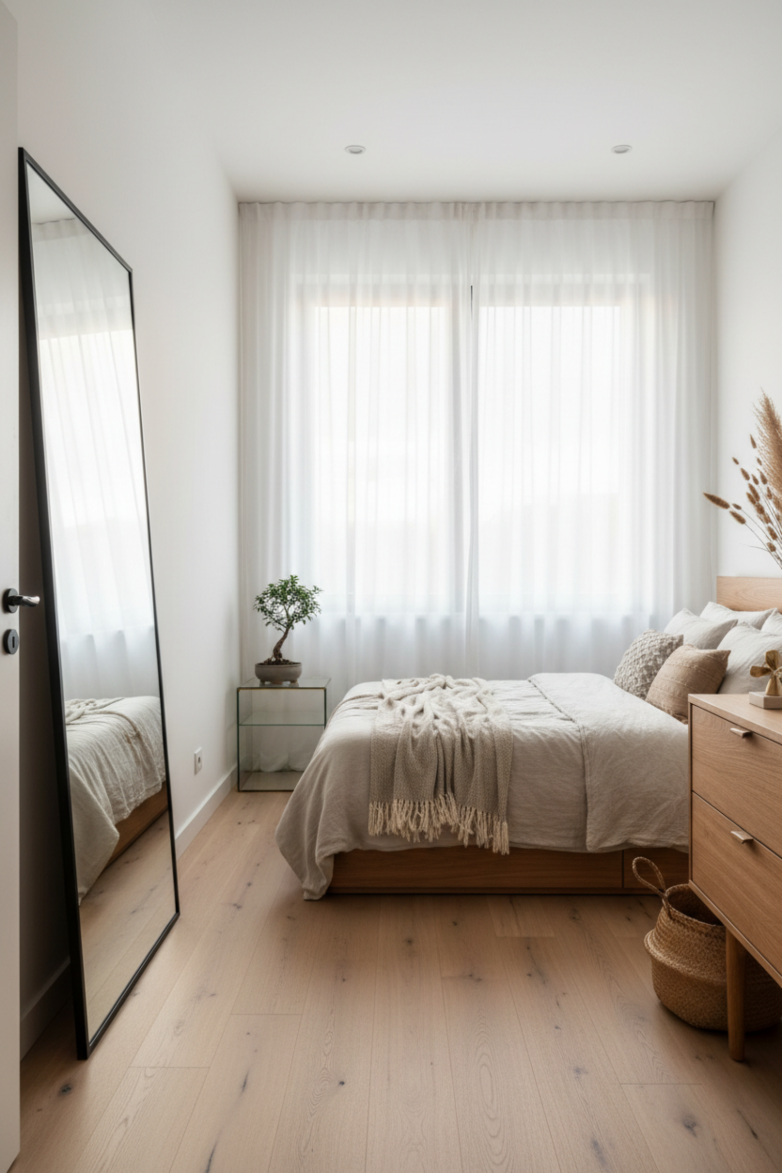 Strategic mirror placement reflecting light and creating spatial depth in small bedroom