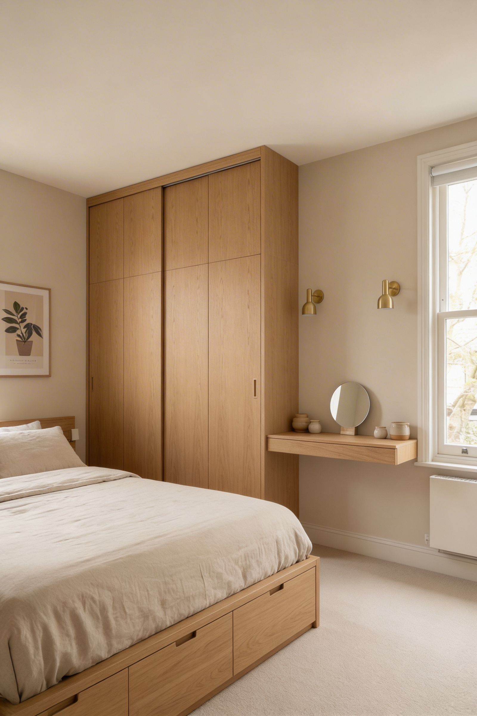 Multipurpose furniture including storage ottoman and floating nightstands in small bedroom