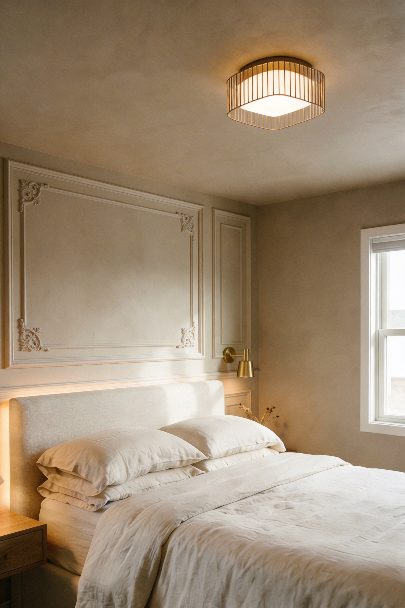 Layered lighting with pendant, sconces, and ambient LED creating depth in small bedroom