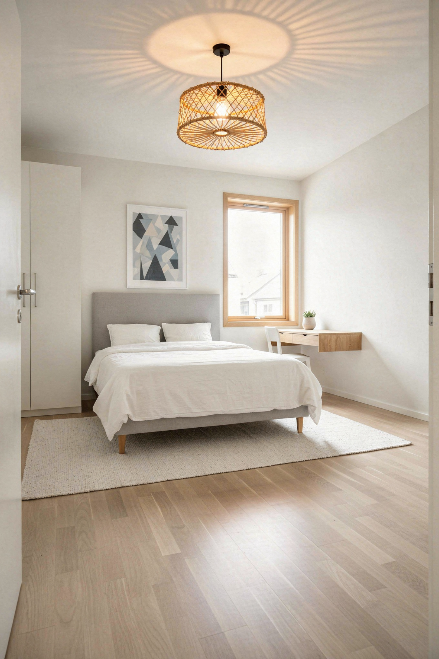 Scandinavian small bedroom with rattan pendant, grey upholstered bed and floating oak desk beneath the window