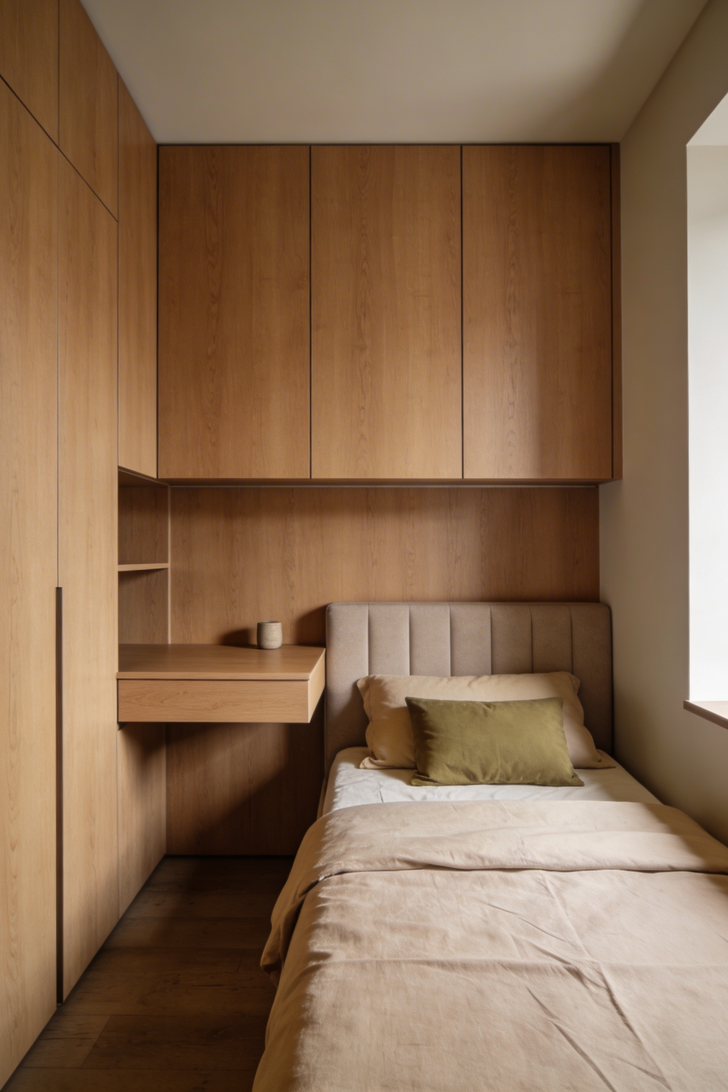 Very small bedroom fully clad in warm oak built-ins with cabinet doors overhead and a floating drawer unit beside the bed