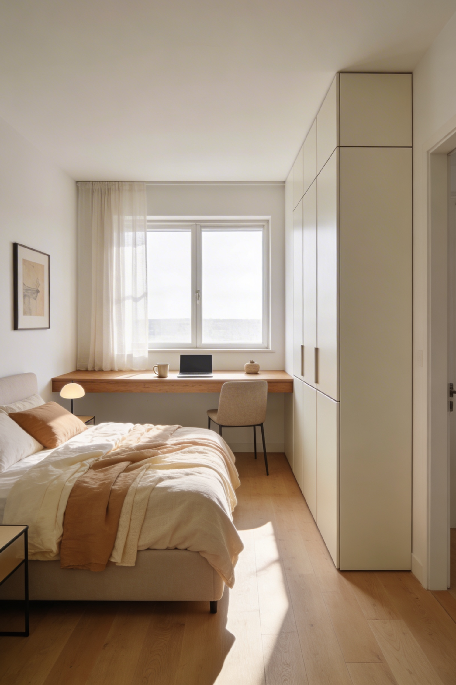 Small bedroom with floor-to-ceiling cream wardrobe on the right wall and a floating oak desk beneath the window