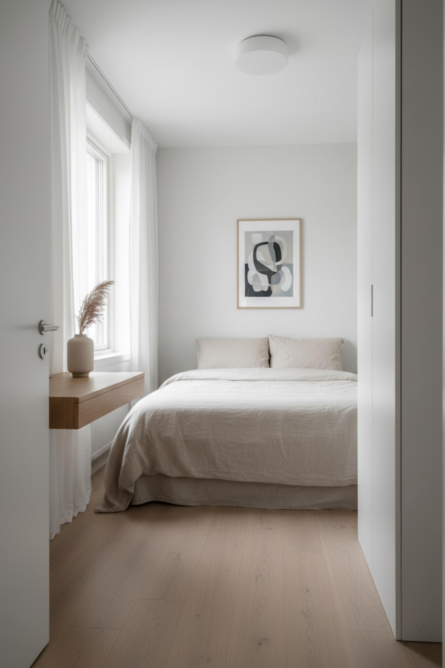 Minimal white small bedroom with low platform bed centred against back wall and a slender oak shelf beside the window