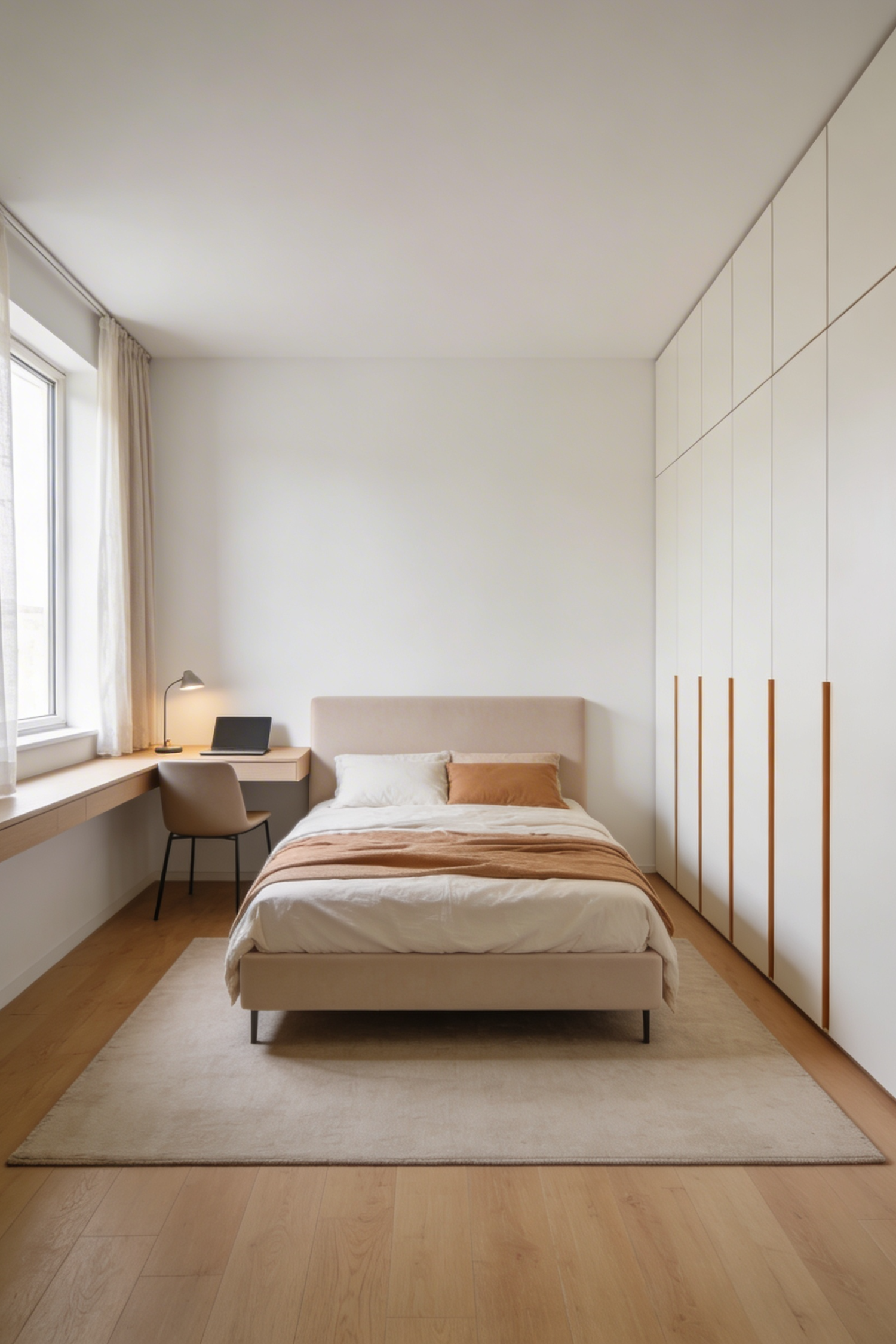 Small bedroom with cream upholstered bed on a large rug, floor-to-ceiling wardrobe and a window desk zone