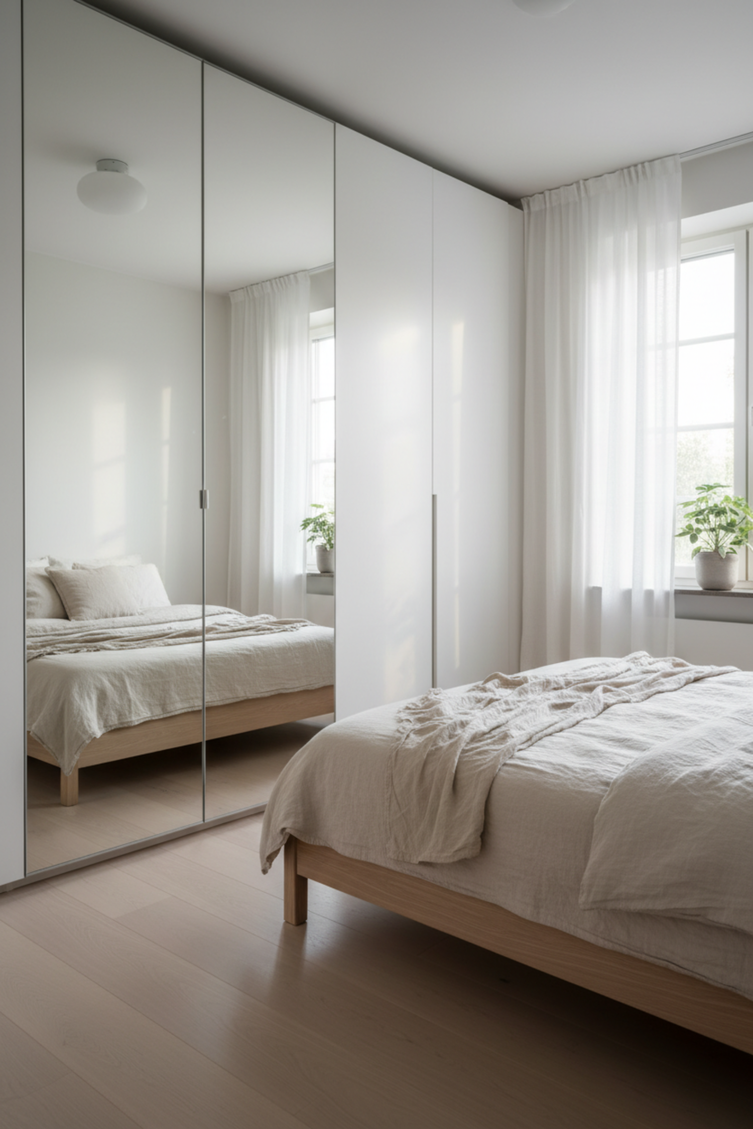White small bedroom with large mirrored wardrobe doors reflecting the twin windows and bed, doubling perceived space
