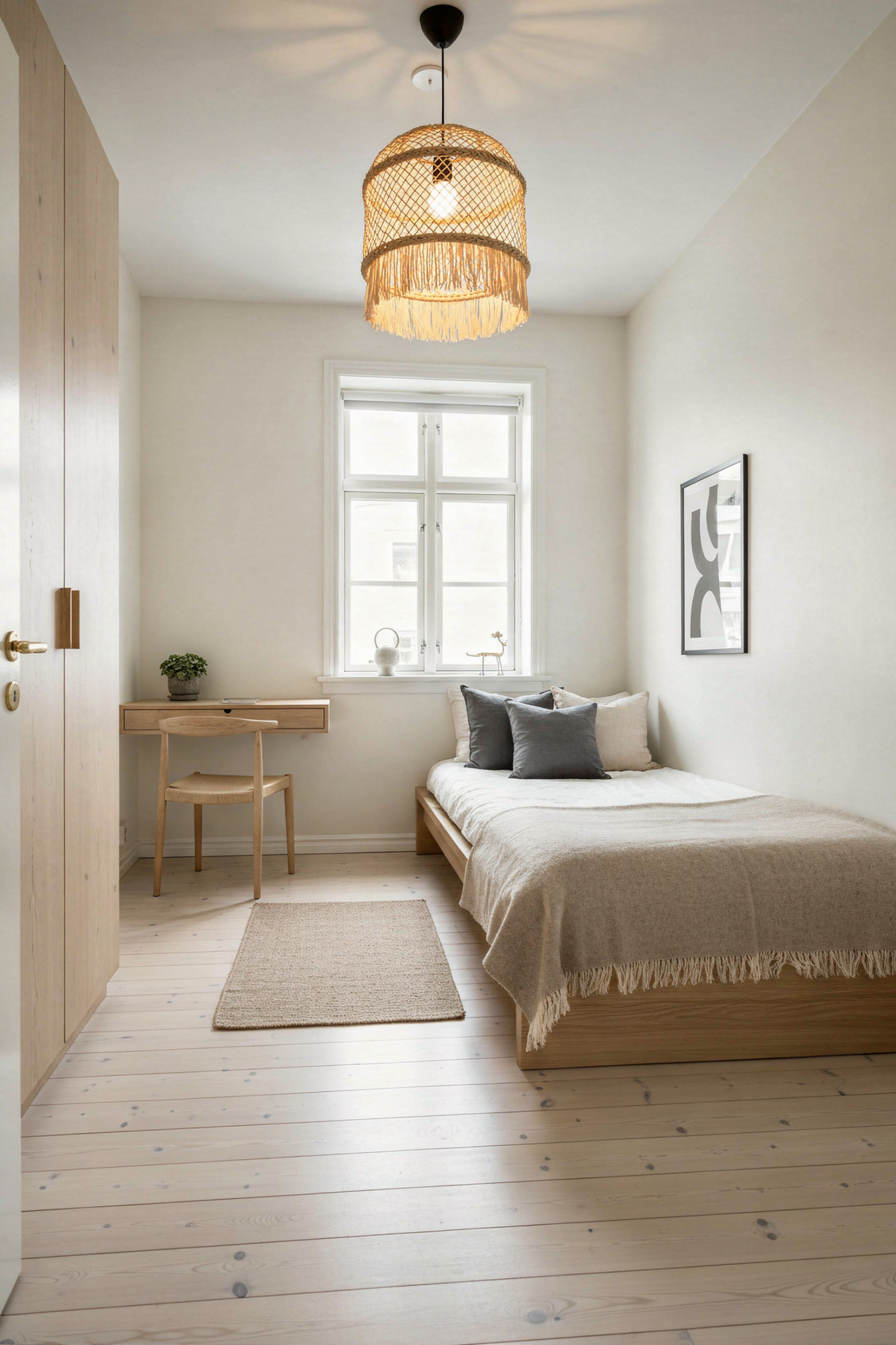 Small Scandinavian bedroom with low oak platform bed, rattan pendant, compact wood desk by window and a jute runner