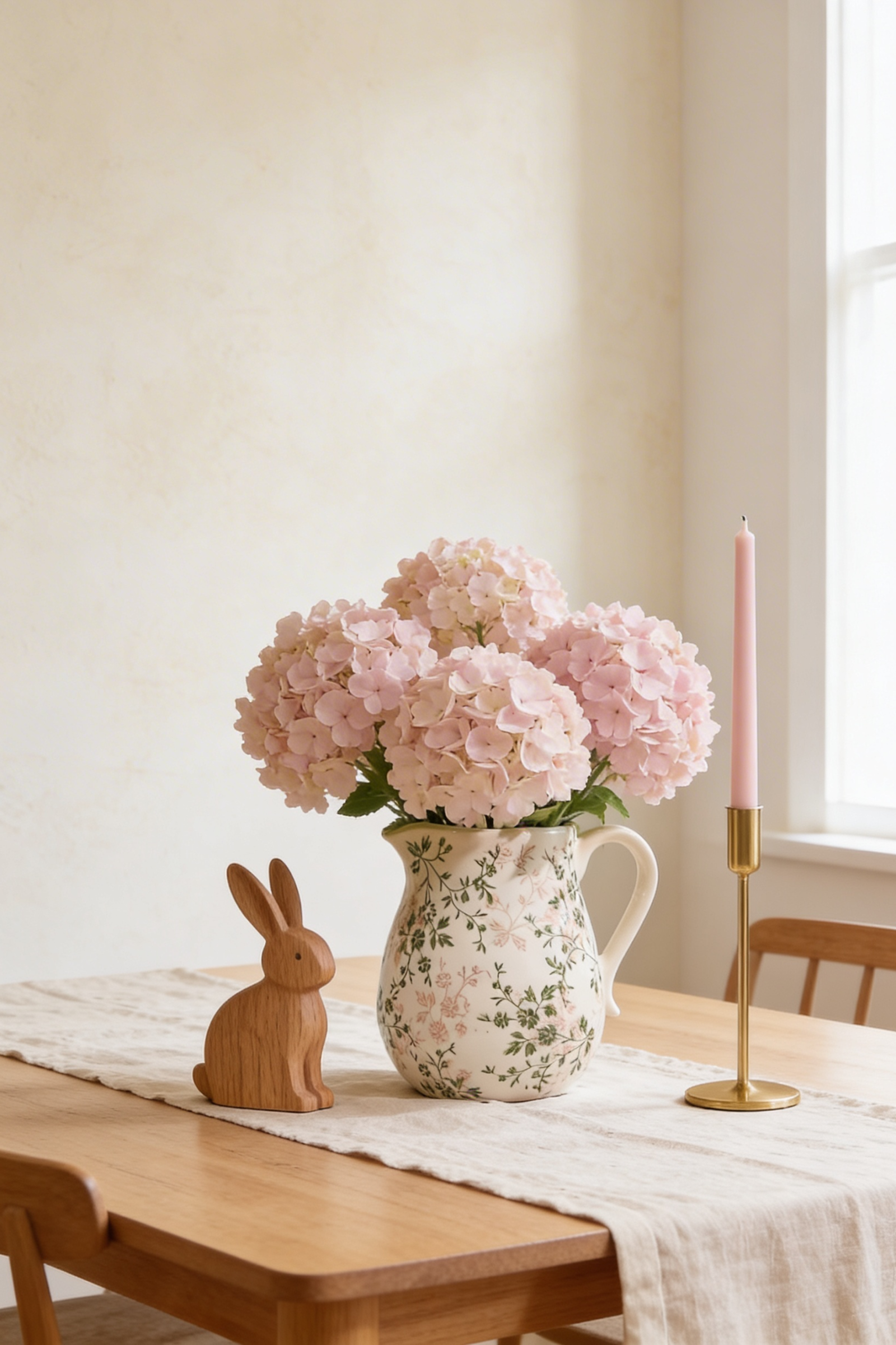 Pink hydrangeas in a floral ceramic pitcher with a wooden bunny and brass candlestick on a dining table with linen runner