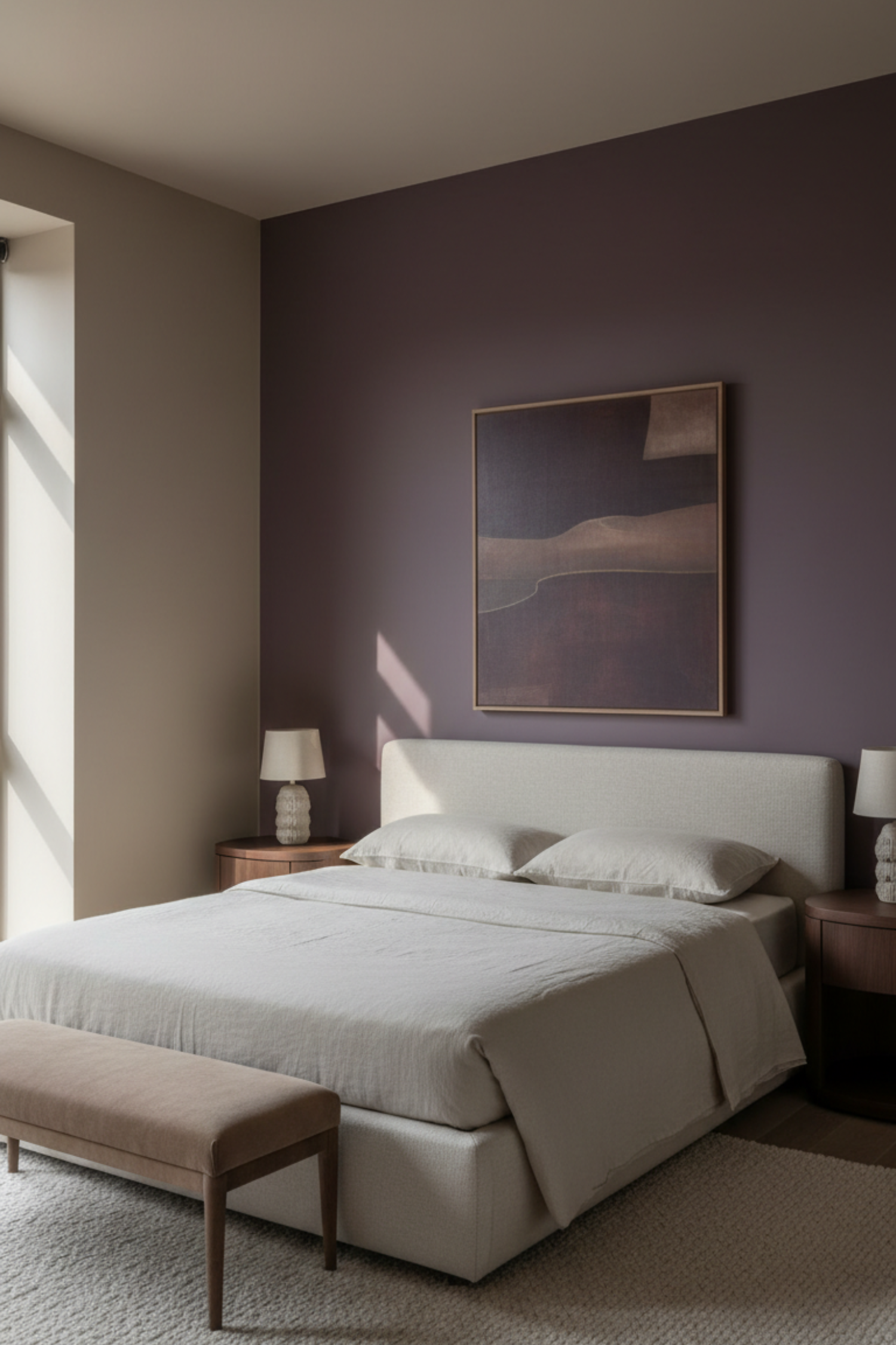 Moody bedroom with deep dark charcoal walls and warm ambient lighting