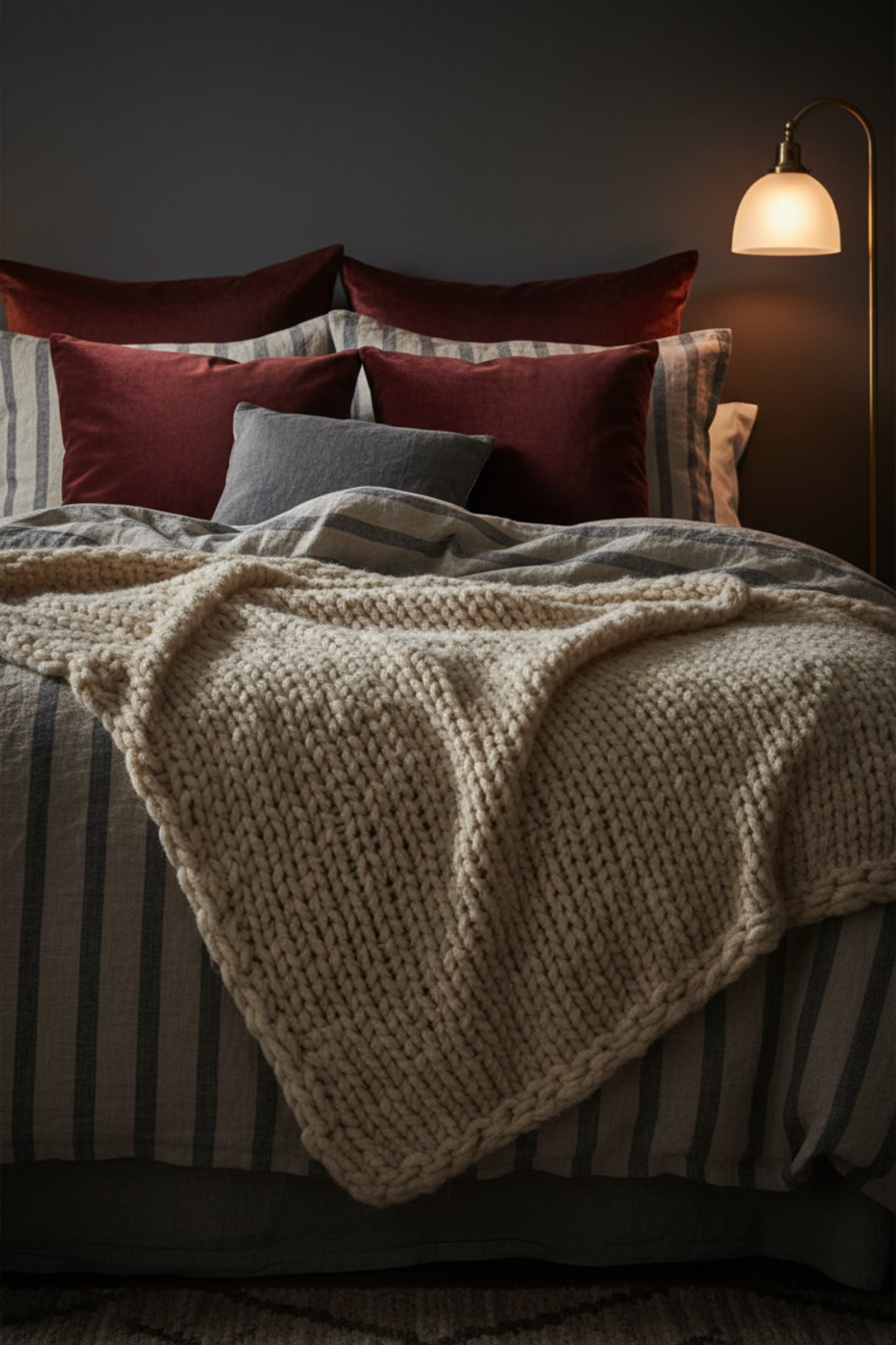 Layered velvet and linen bedding in a moody romantic bedroom
