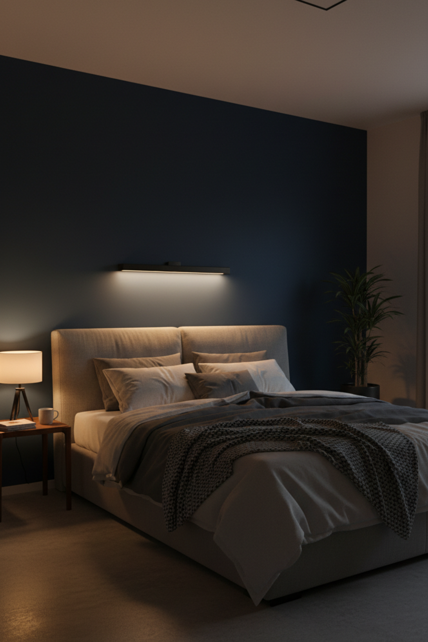 Warm amber bedside lamp creating intimate moody lighting in a dark bedroom