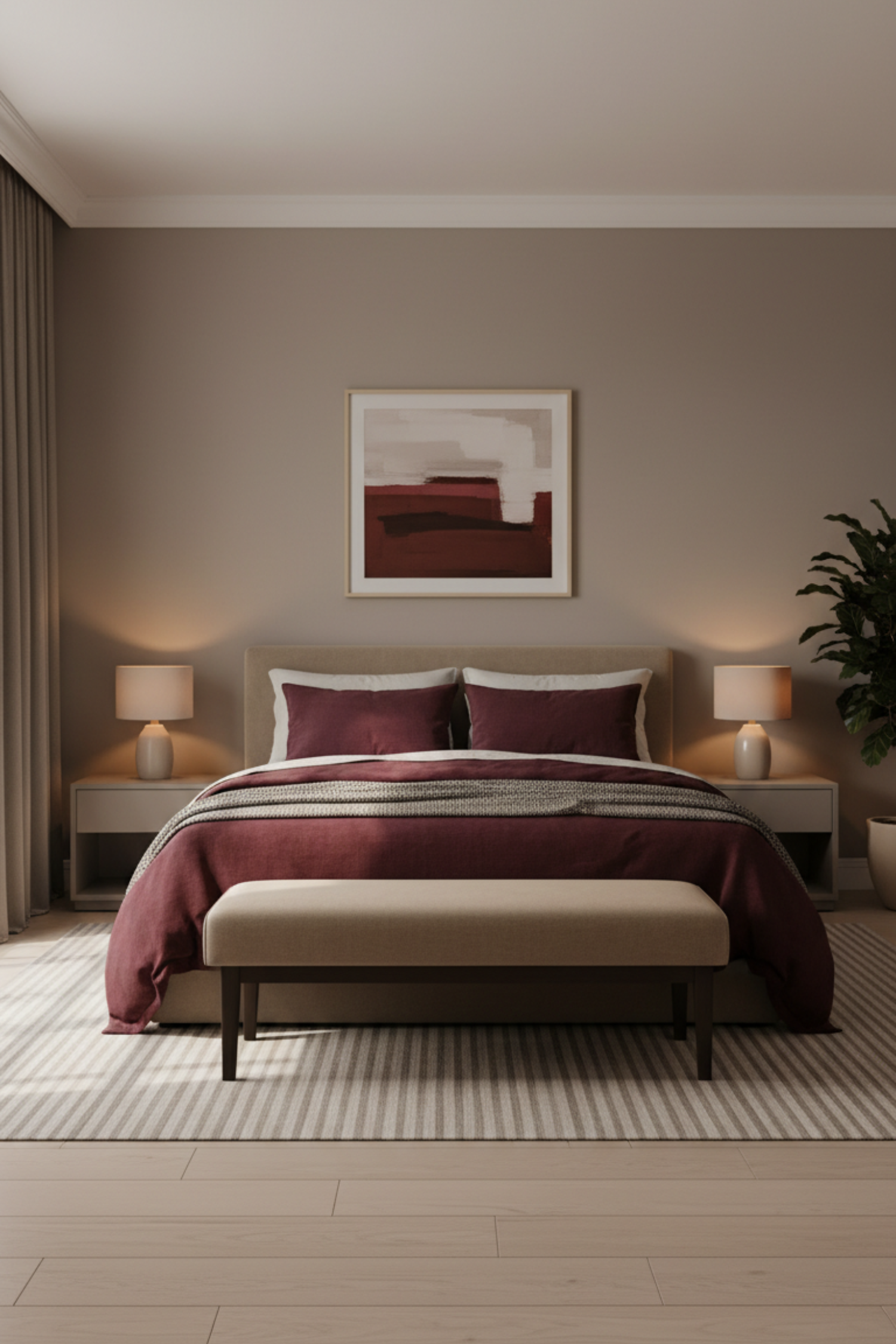 Coordinated moody bedroom palette with deep jewel tones and burgundy accents