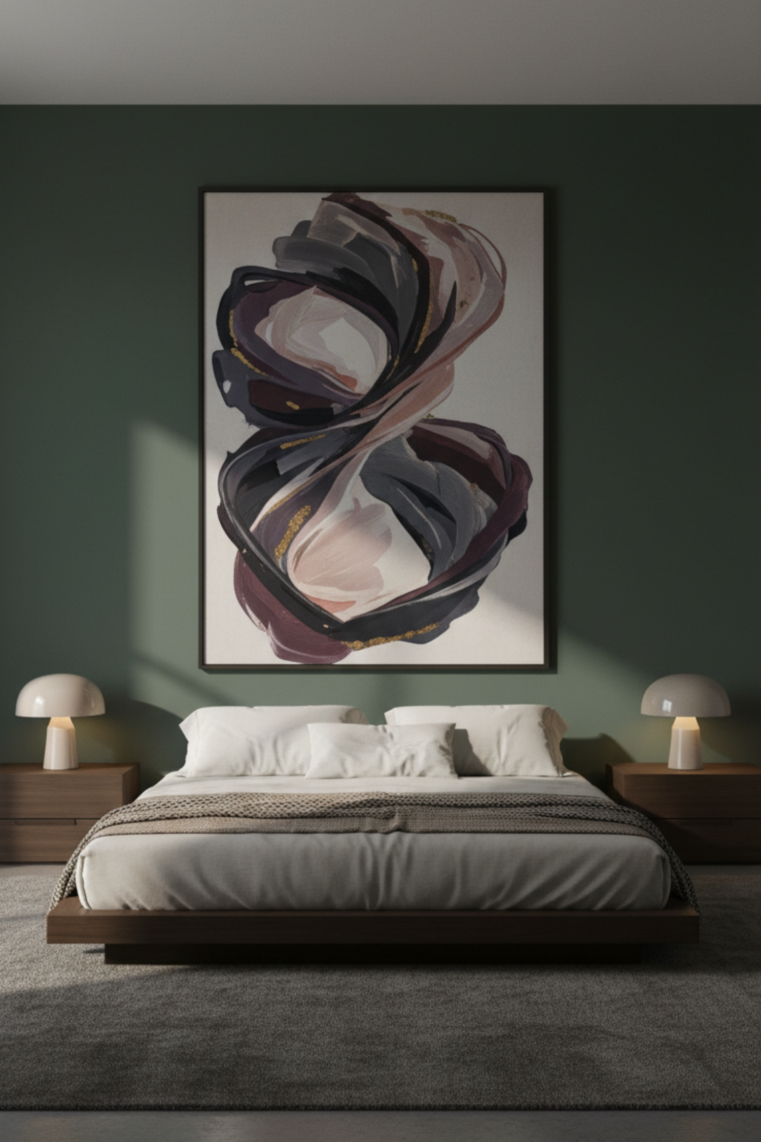 Oversized dark atmospheric landscape painting as a moody bedroom focal point