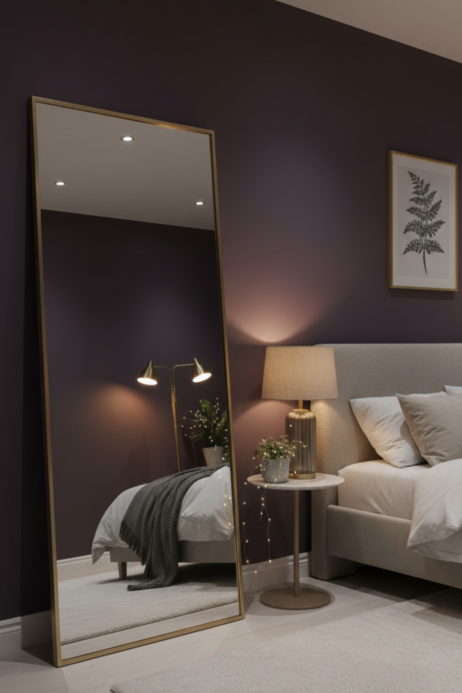 Ornate gold mirror reflecting warm lamplight in a dark moody bedroom