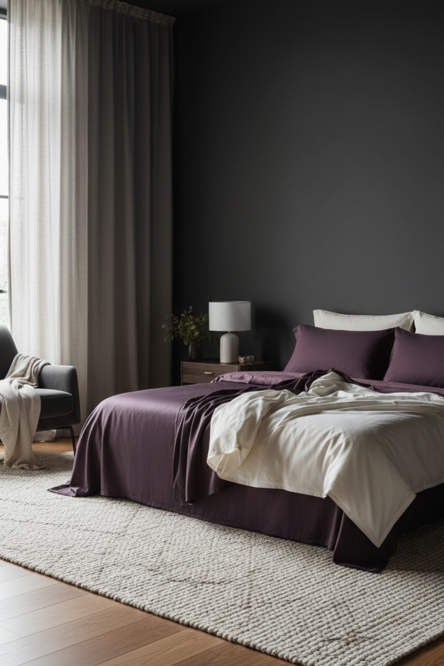 Cream and ivory bedding creating soft contrast against deep dark moody bedroom walls