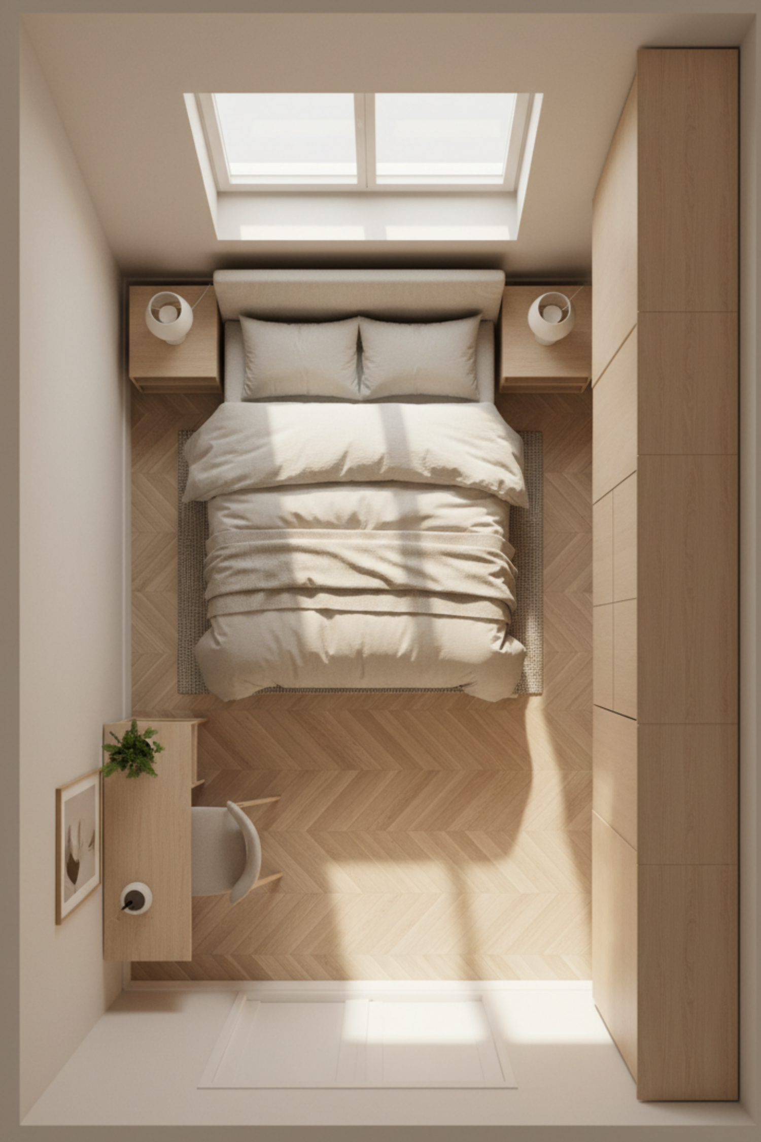 Bird's eye view of a small bedroom with a skylight, herringbone parquet flooring, wardrobe column and a compact desk area