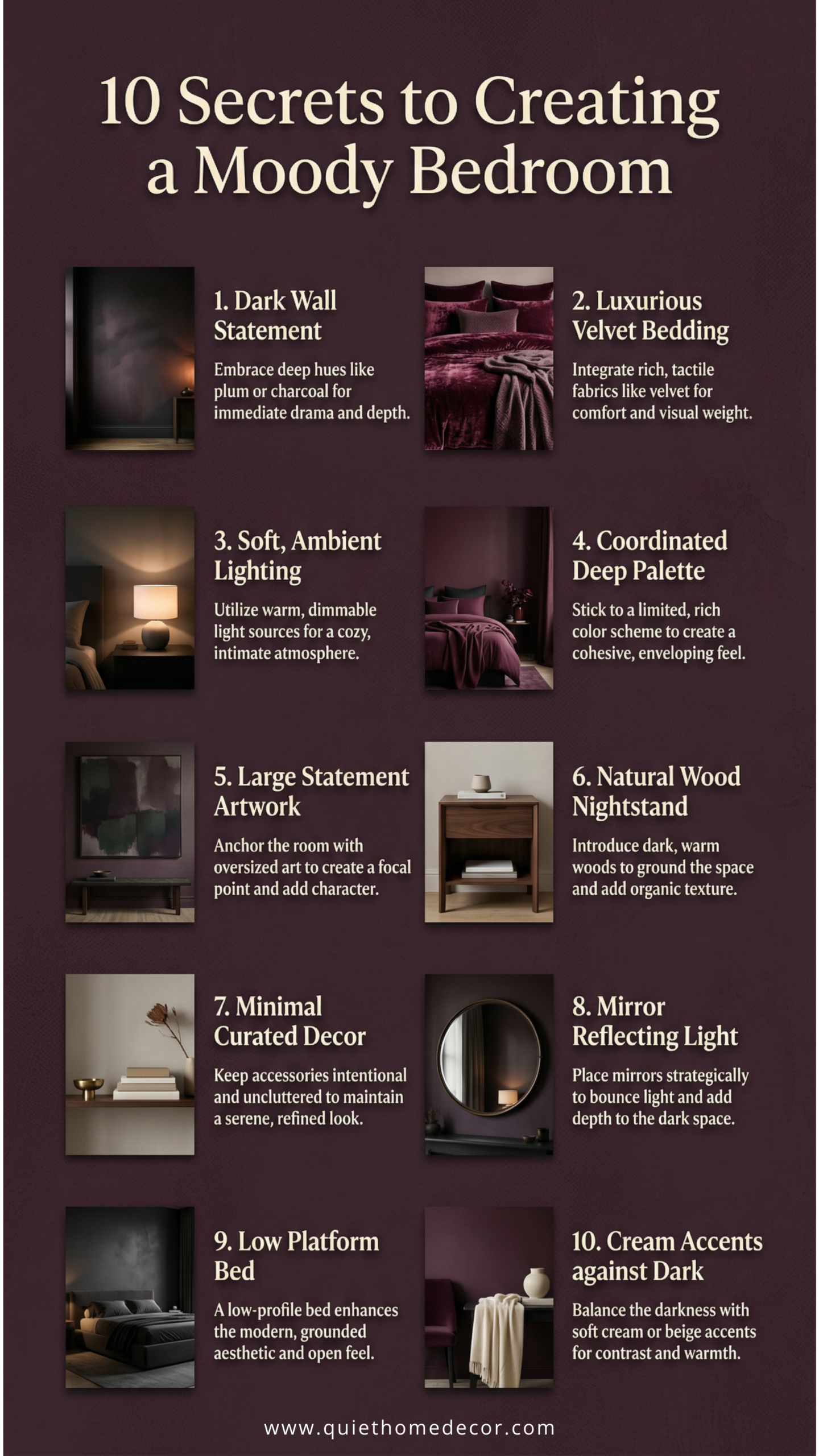 10 Secrets to Creating a Moody Bedroom – Quiet Home Decor infographic
