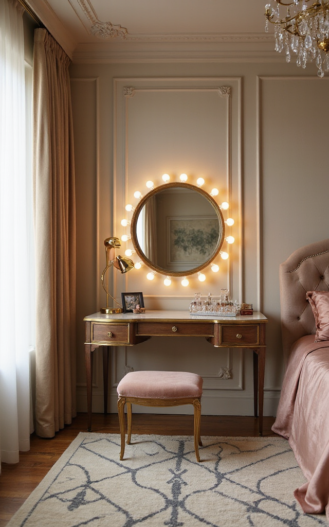 7. Retro Glam Bedroom Ideas: Vintage Vanity Tables and Hollywood Mirrors