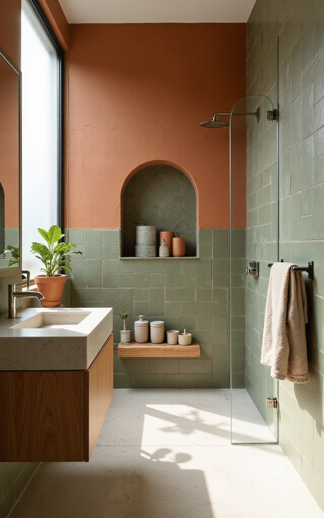 11. Terracotta and Olive Green Bathroom Tiles Ideas