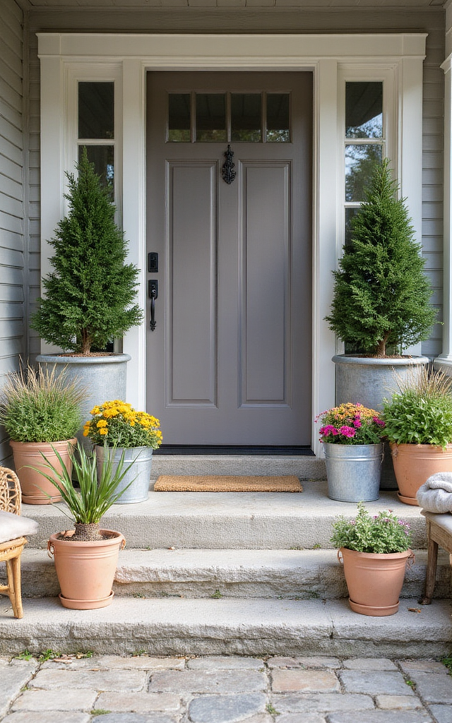 3. Evergreen Topiaries with Seasonal Front Porch Flowers