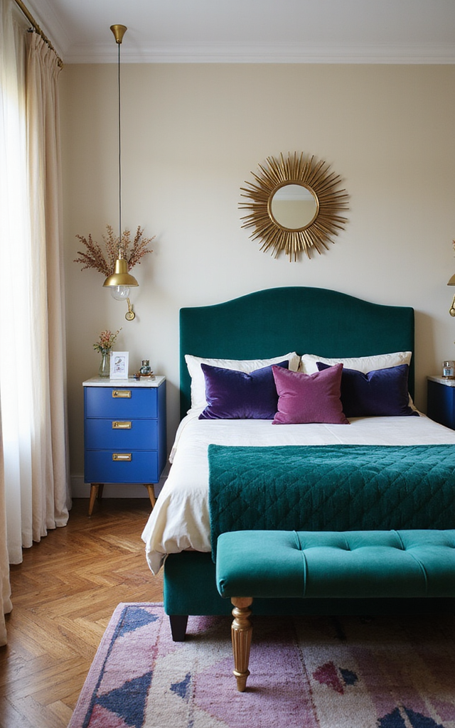 3. Retro Glam Bedroom Ideas: Bold Jewel-Tone Color Palettes