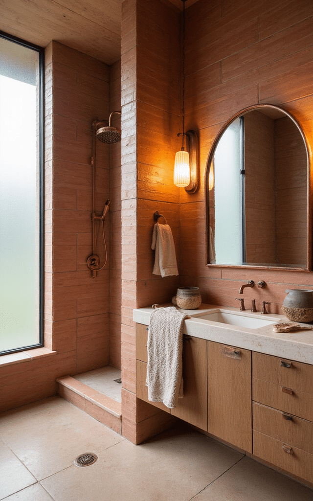 14. Terracotta and Burnished Copper Bathroom Tiles Ideas