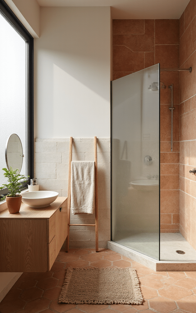 20. Terracotta and Raw Linen Bathroom Tiles Ideas