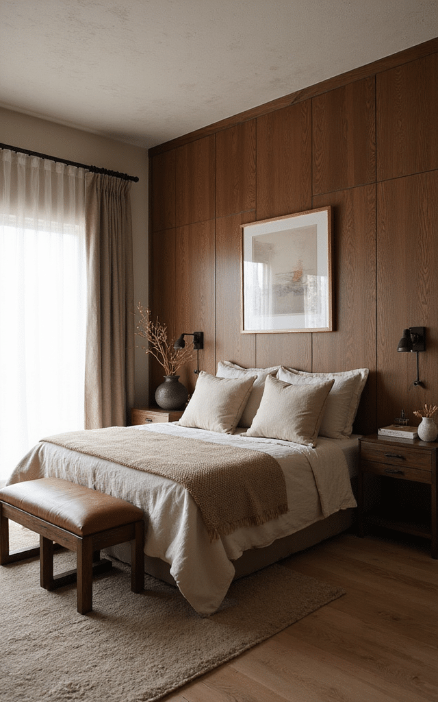 2. Warm Walnut Wood Paneling Brown Bedroom Ideas