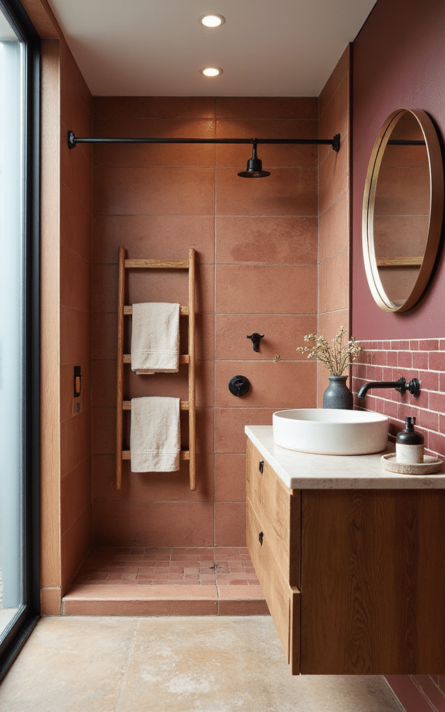 15. Terracotta and Deep Burgundy Bathroom Tiles Ideas