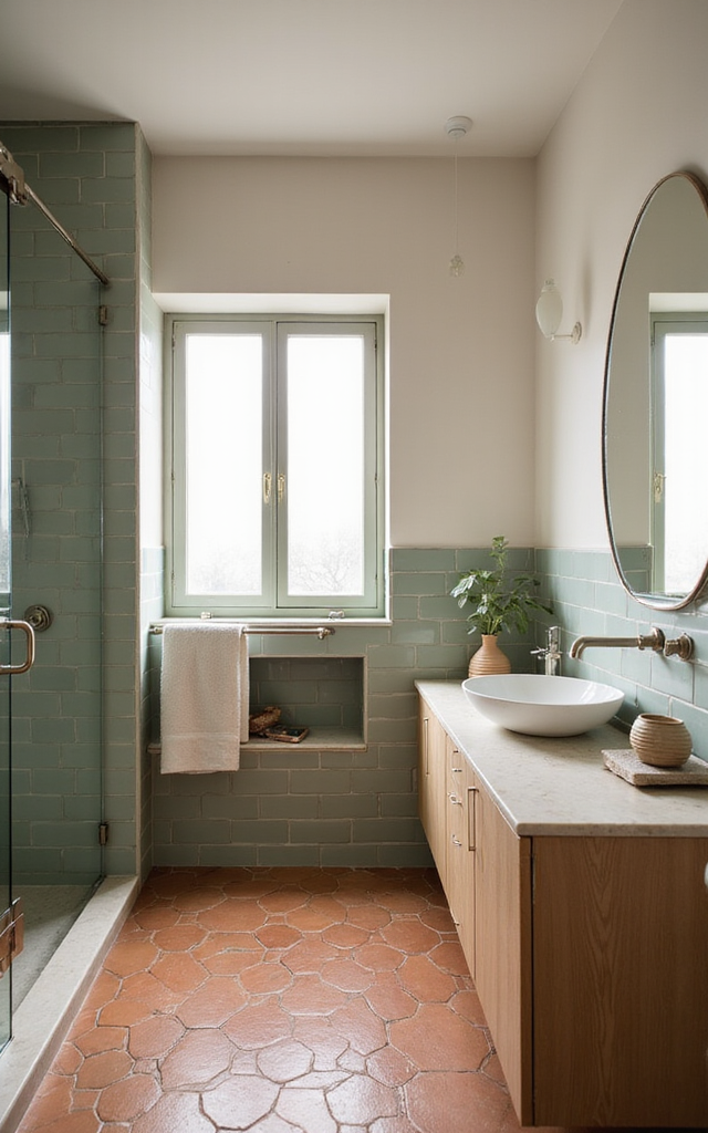 2. Terracotta and Sage Green Bathroom Tiles Ideas