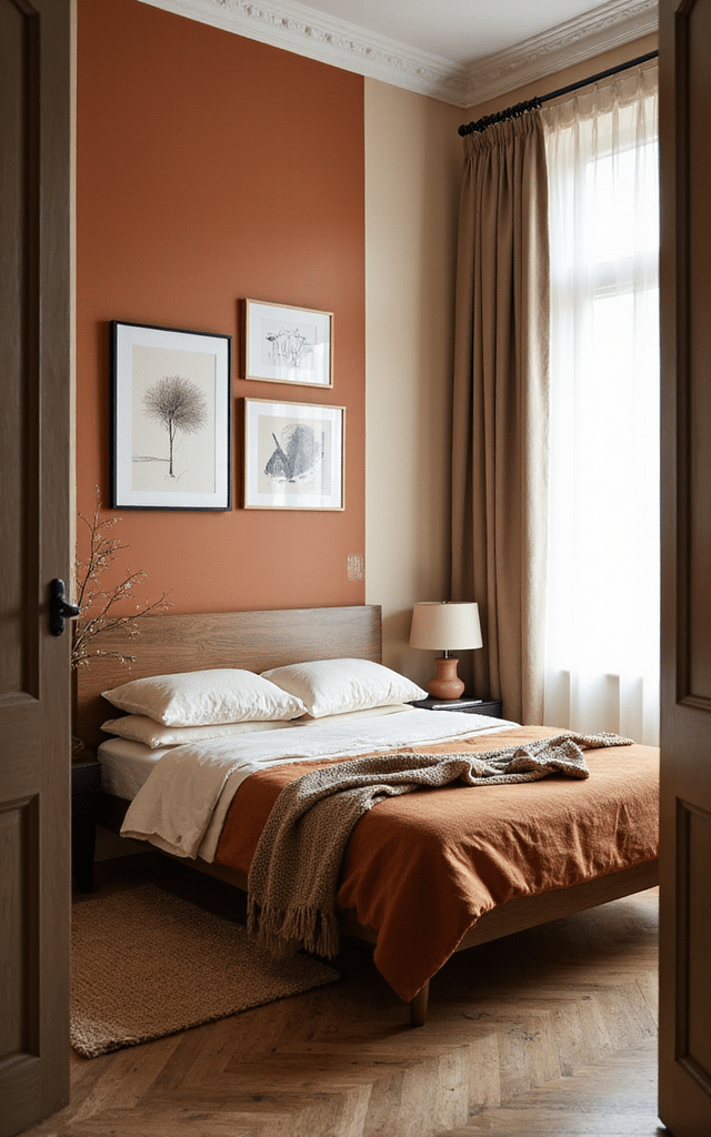 13. Burnt Sienna Gallery Wall Brown Bedroom Ideas