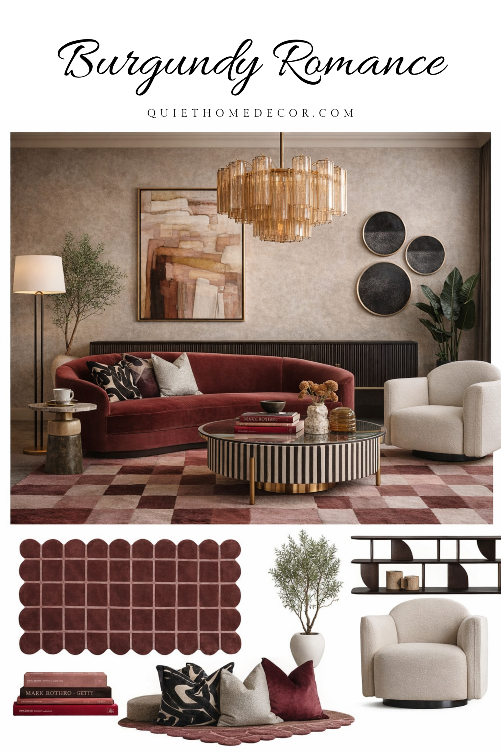 Burgundy romance living room with curved velvet sofa, amber chandelier, checkered rug and cream accent chair