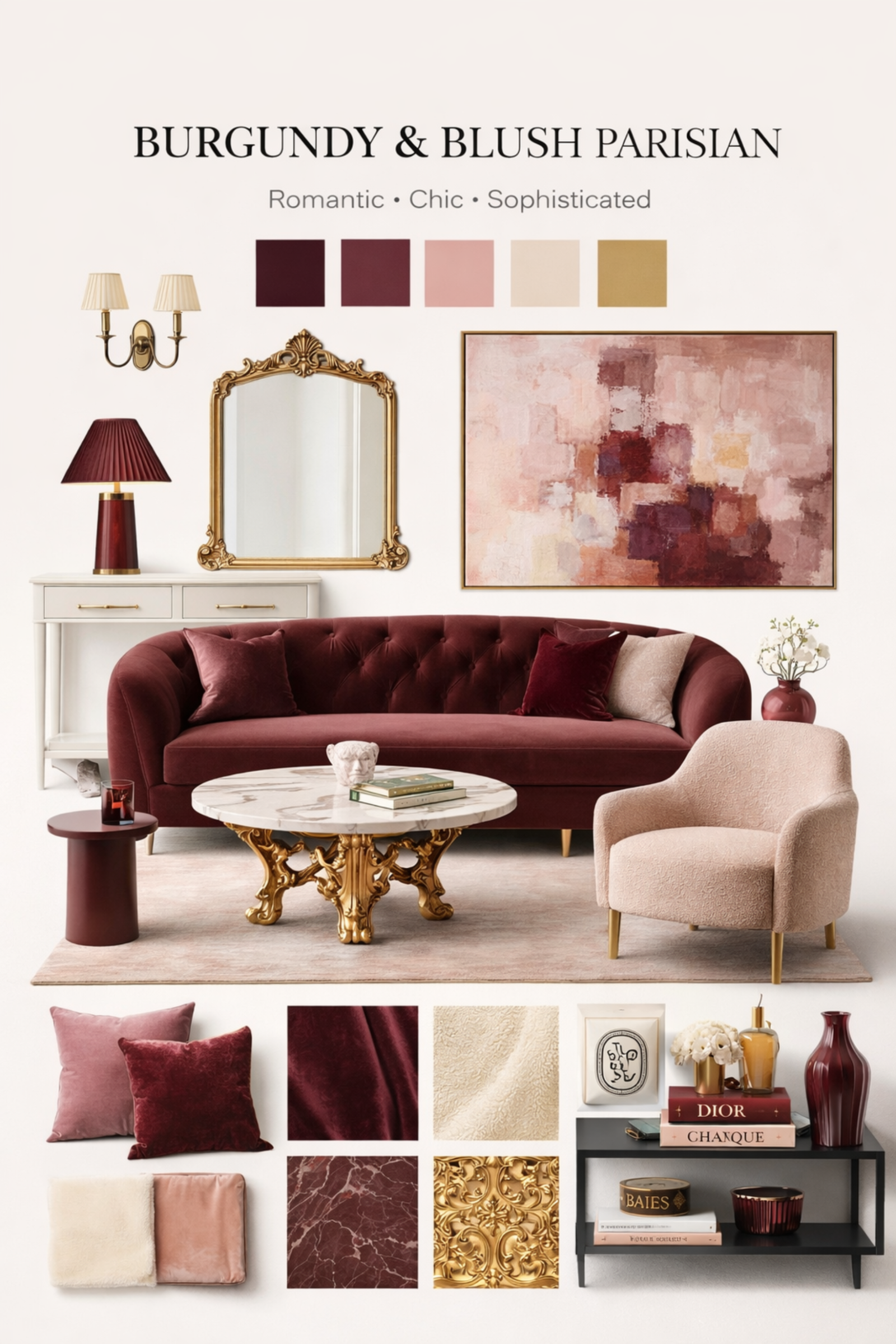 Burgundy and blush Parisian living room with tufted Chesterfield sofa, ornate gold coffee table, cream boucle chair and gold gilt mirror