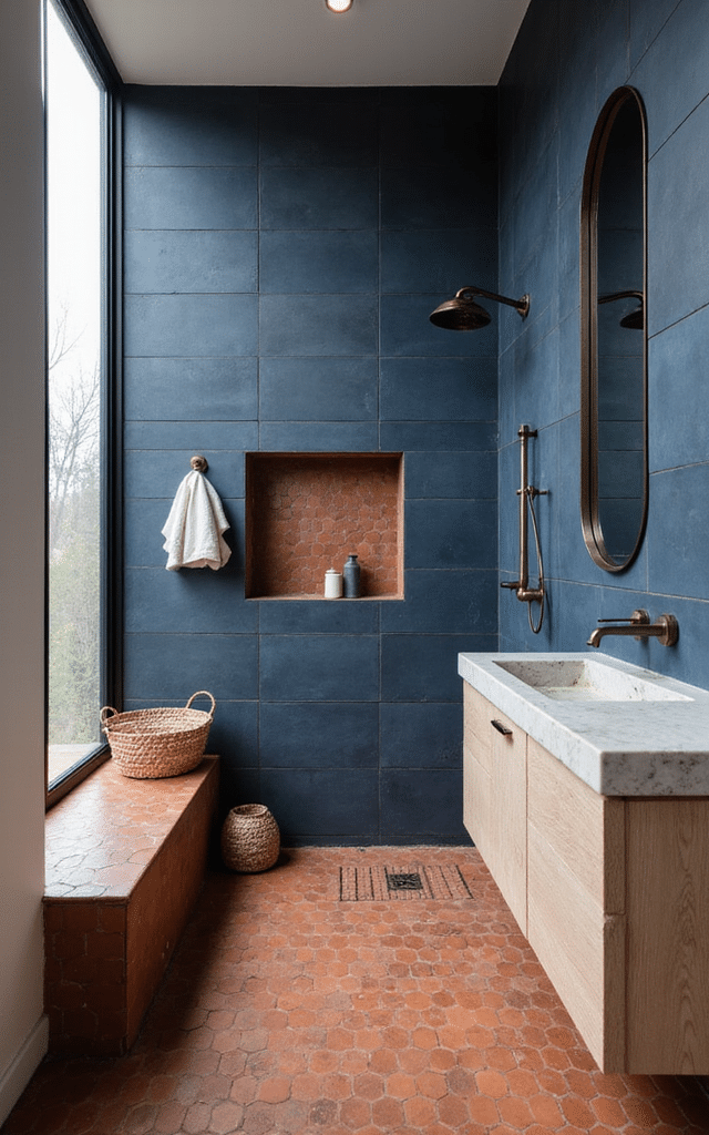 9. Terracotta and Navy Blue Bathroom Tiles Ideas