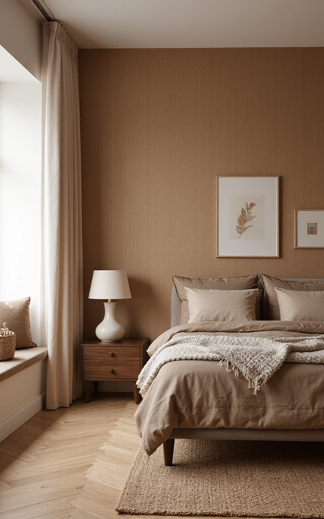 8. Toffee Grasscloth Wallpaper Brown Bedroom Ideas