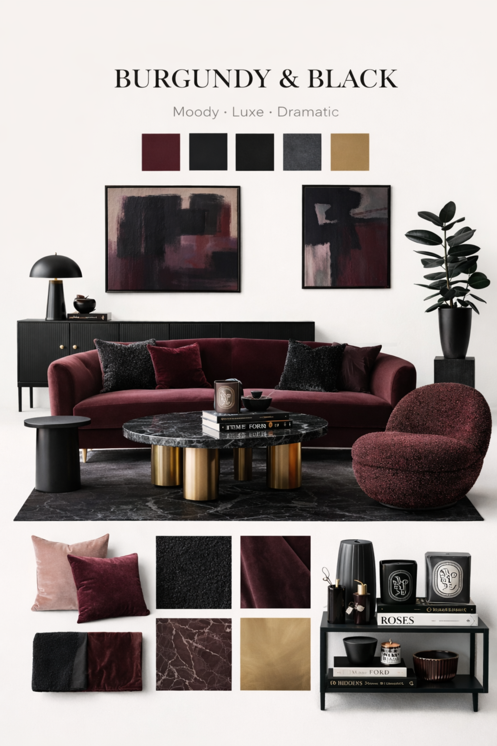 Burgundy and black living room with velvet sofa, black marble coffee table, moody abstract art and dark fluted credenza