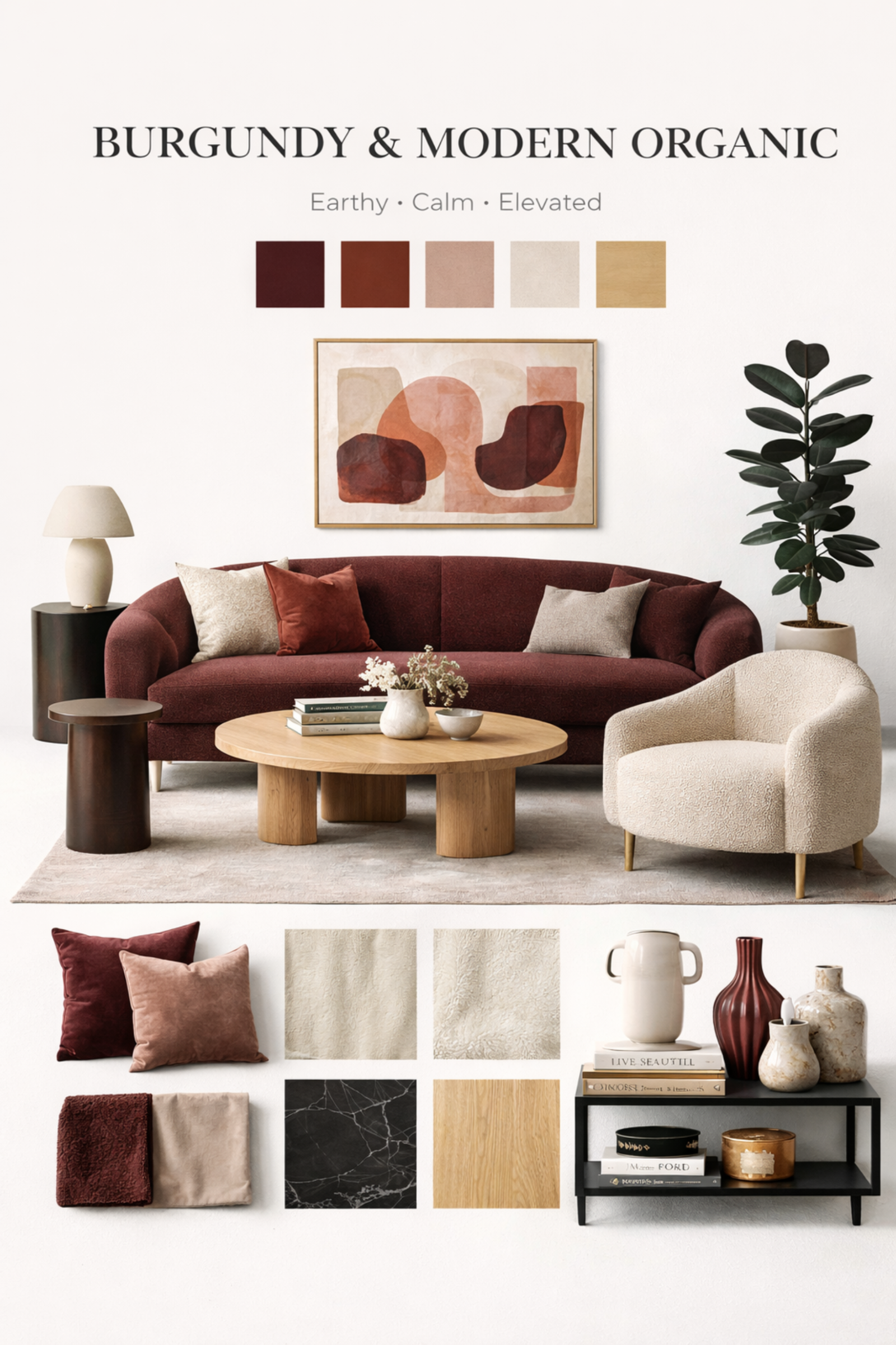 Burgundy and modern organic living room with curved sofa, natural wood coffee table, cream boucle chair, rubber plant and earthy abstract art