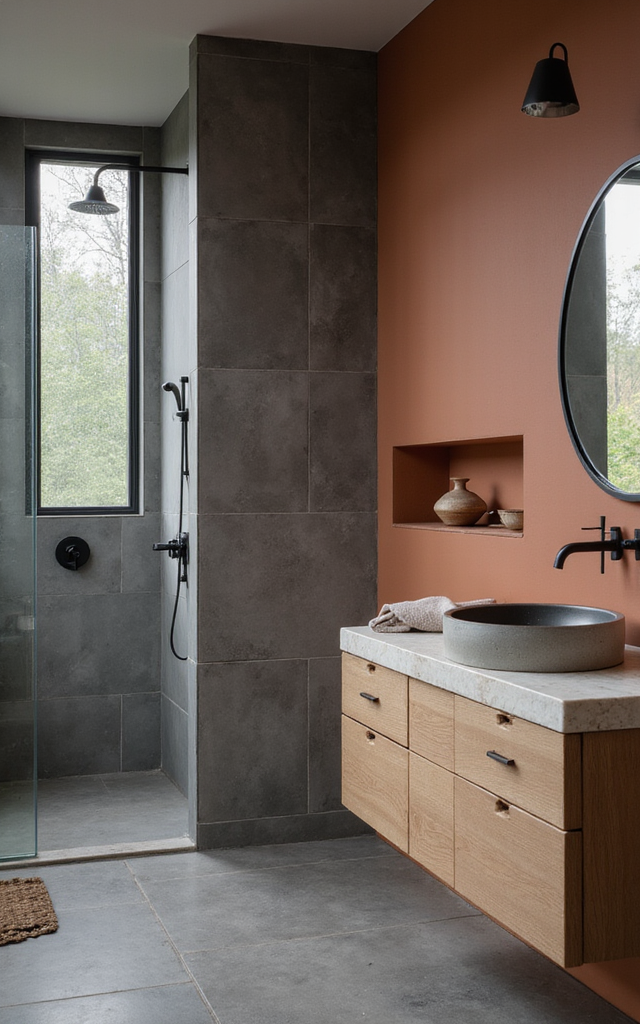 3. Terracotta and Charcoal Grey Bathroom Tiles Ideas