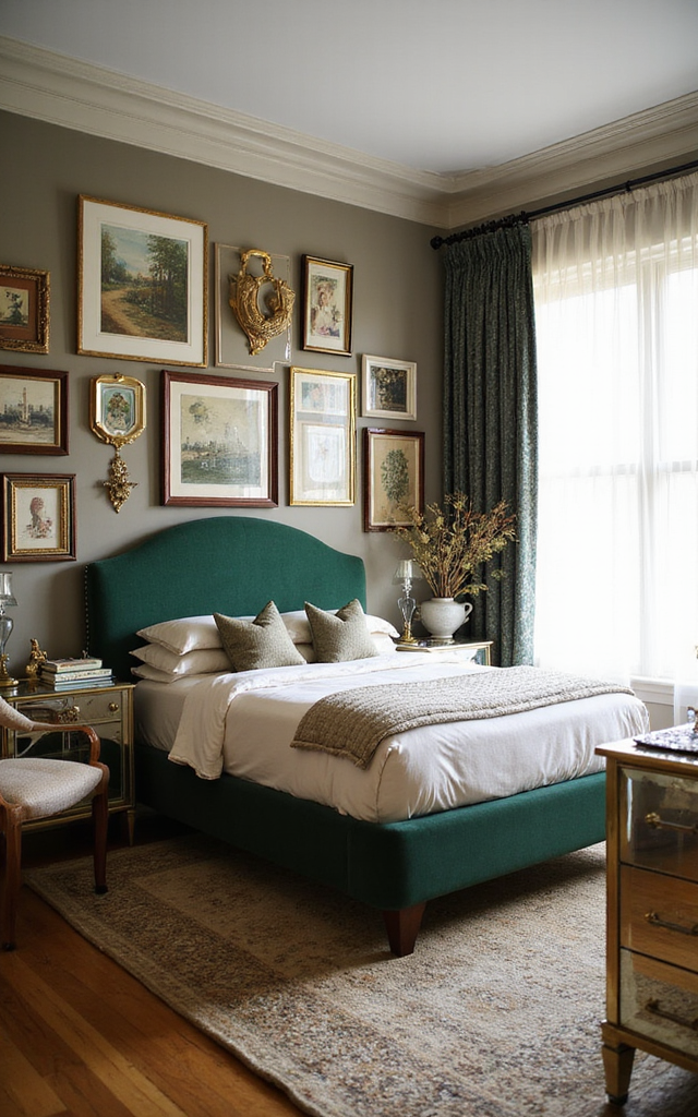 5. Retro Glam Bedroom Ideas: Maximalist Gallery Walls With Vintage Art