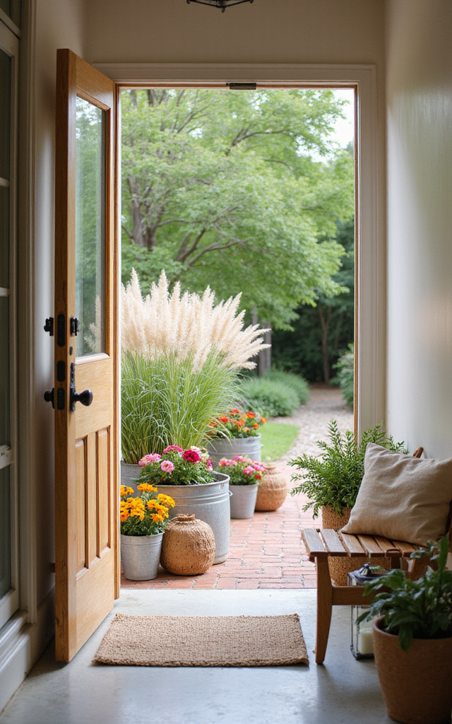 6. Ornamental Grasses Mixed with Front Porch Flowers