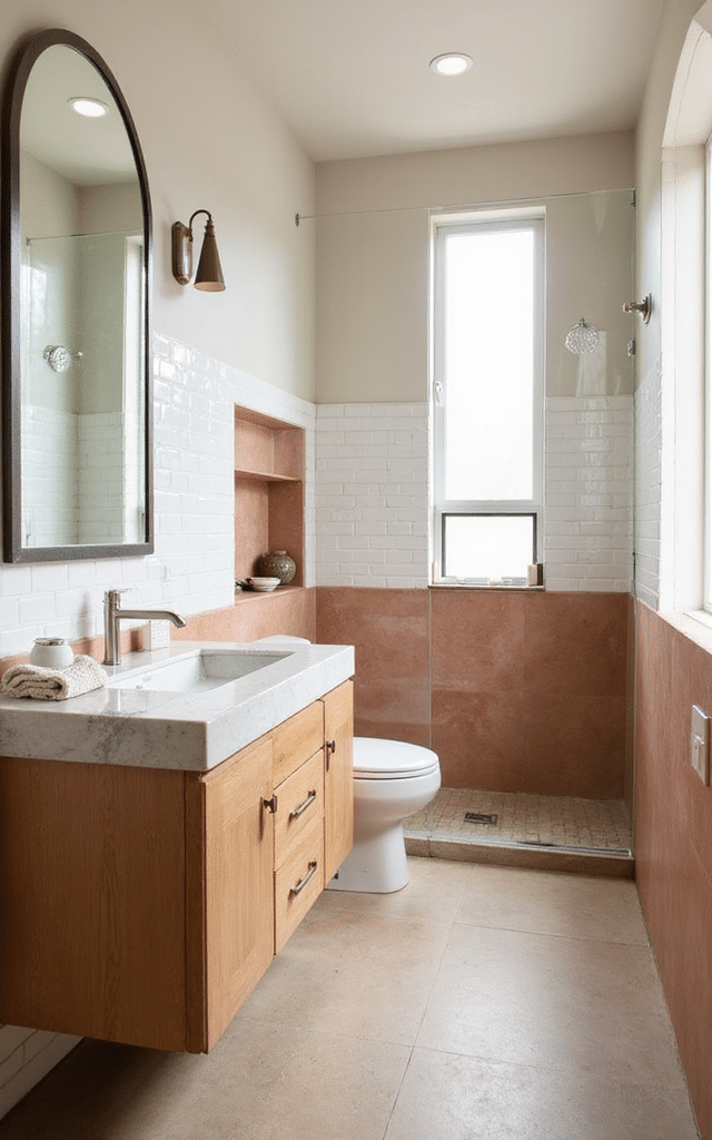 13. Terracotta and Warm White Subway Bathroom Tiles Ideas