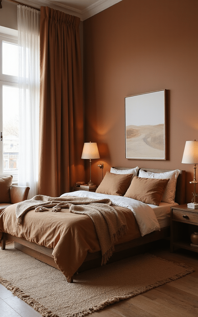9. Cognac Curtain Drama Brown Bedroom Ideas